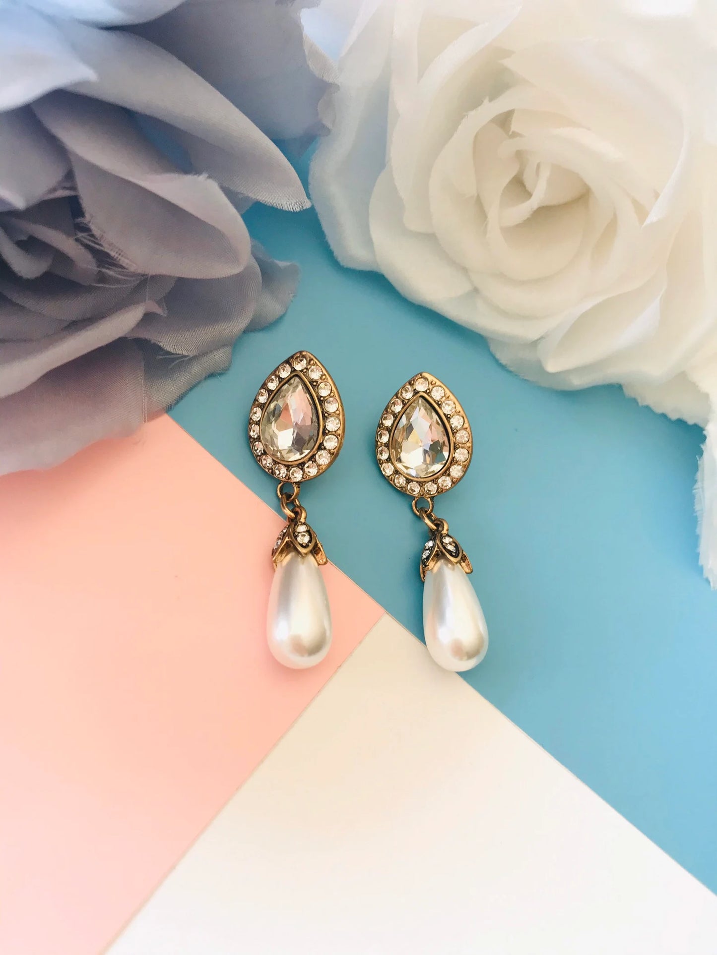 Large pearl teardrop crystal earrings