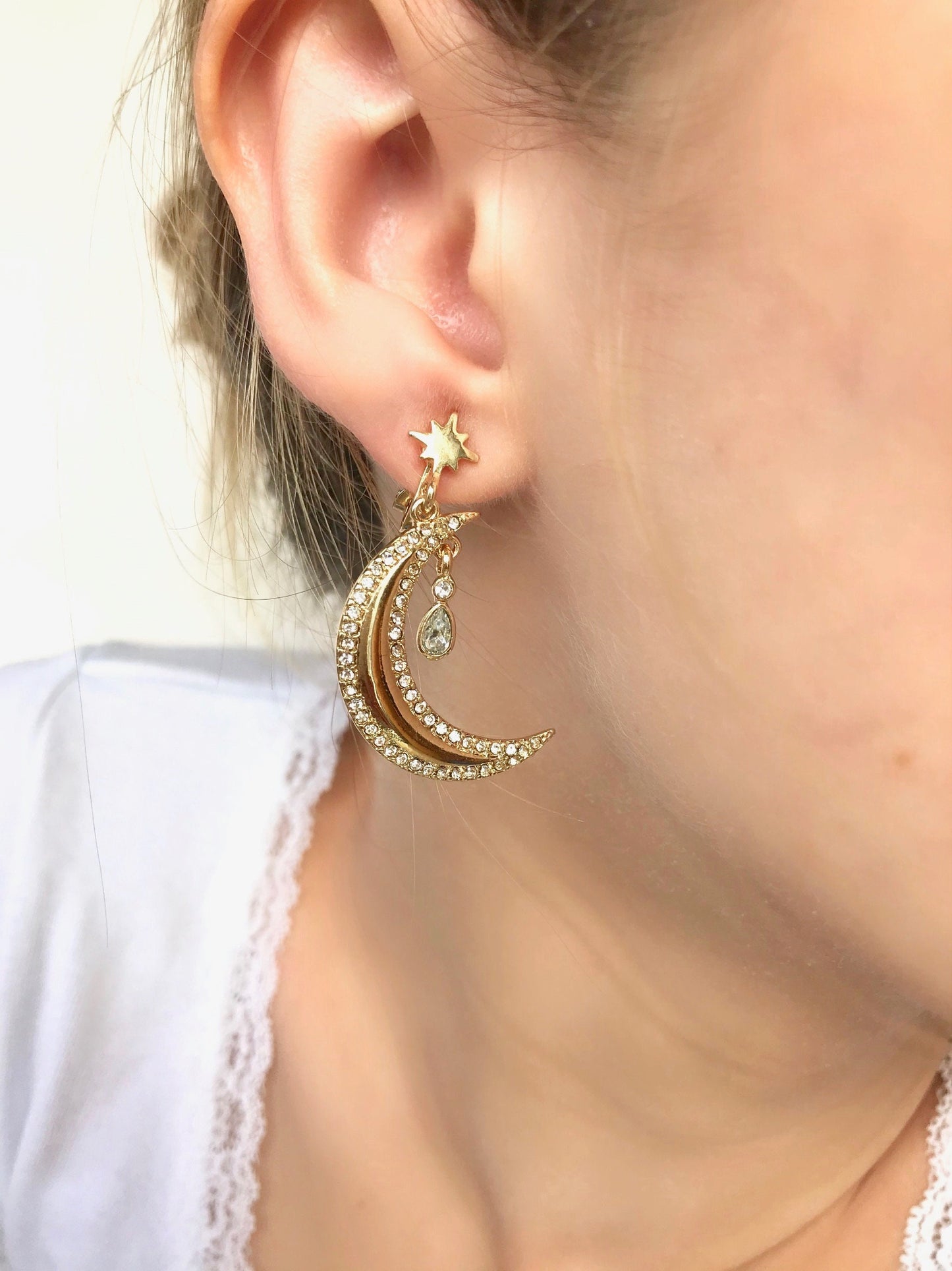 Crystal star and moon earrings