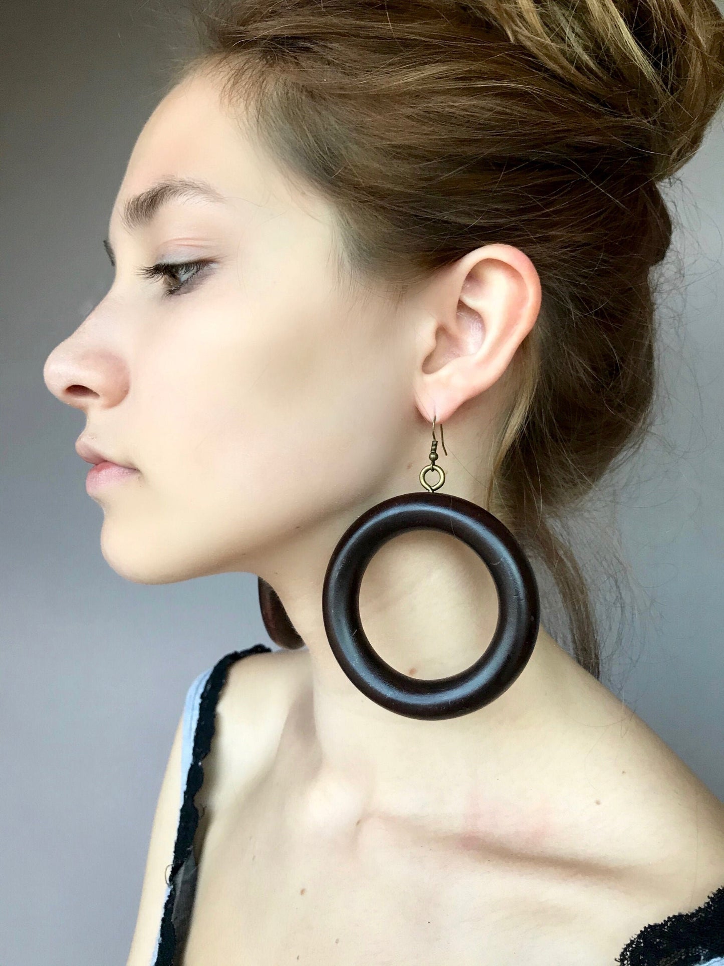 Large wooden hoop earrings, african style hoops, brown hoops