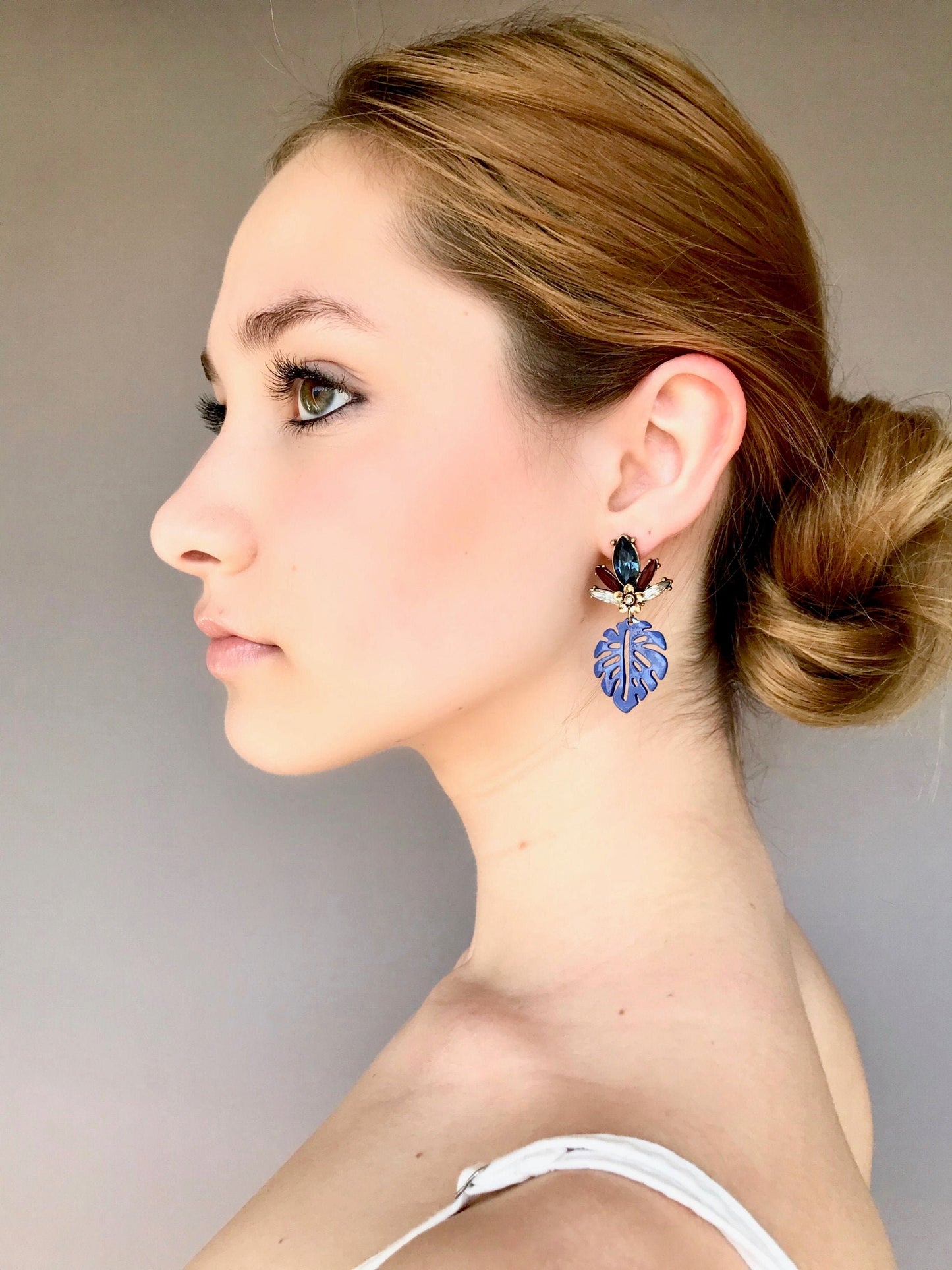 Blue crystal monstera leaf earrings