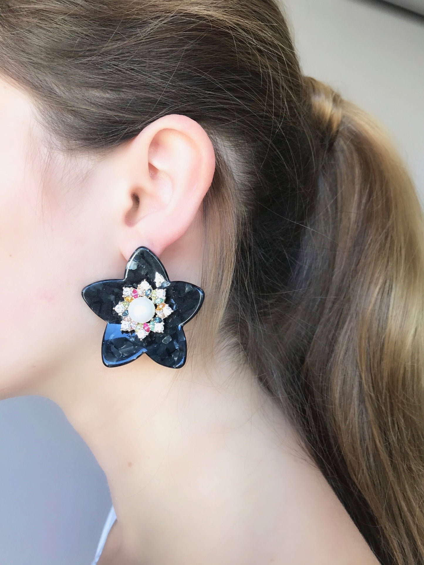 Large black flower earrings
