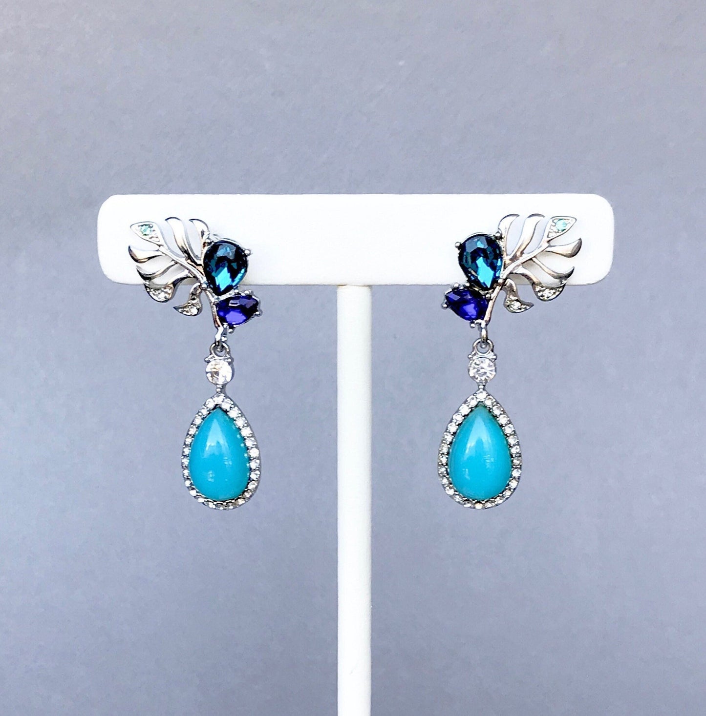 Turquoise blue statement earrings, unique design leaves earrings, crystal drop earrings, blue earrings, LIMITED EDITIONChristmas gift