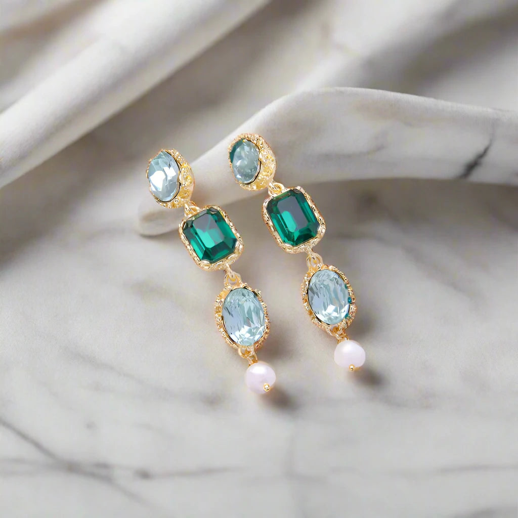 Green crystal long drop earrings