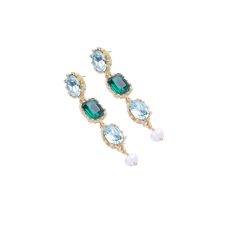 Green crystal long drop earrings