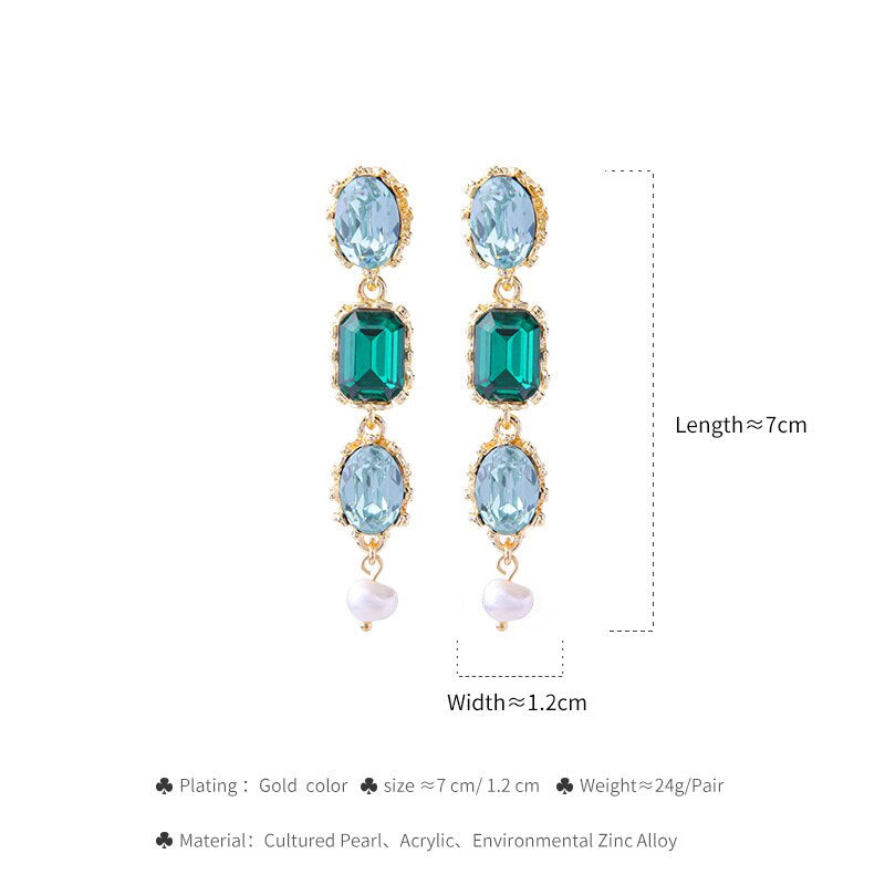 Green crystal long drop earrings