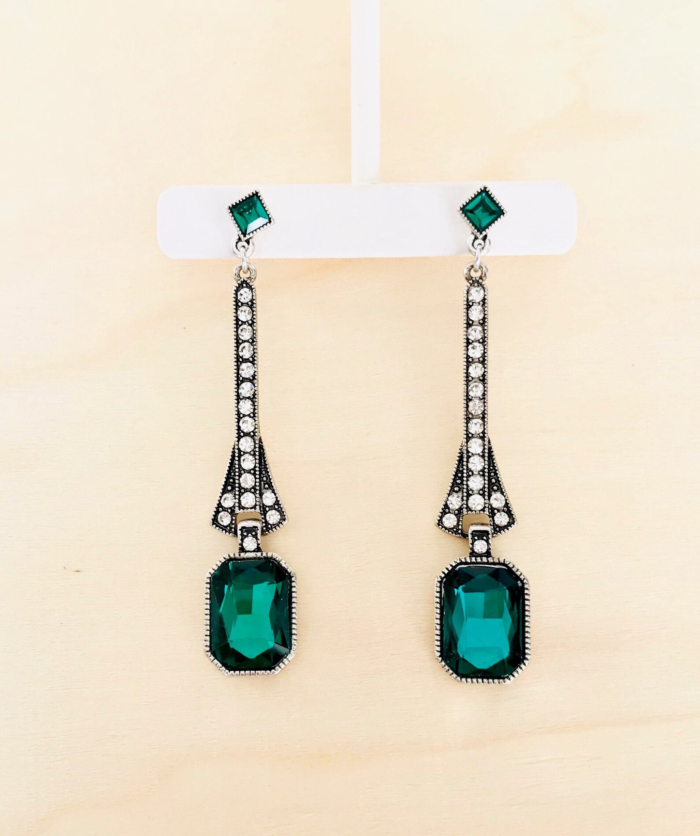 Art deco green crystal drop earrings