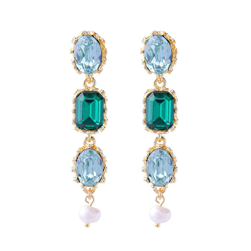 Green crystal long drop earrings