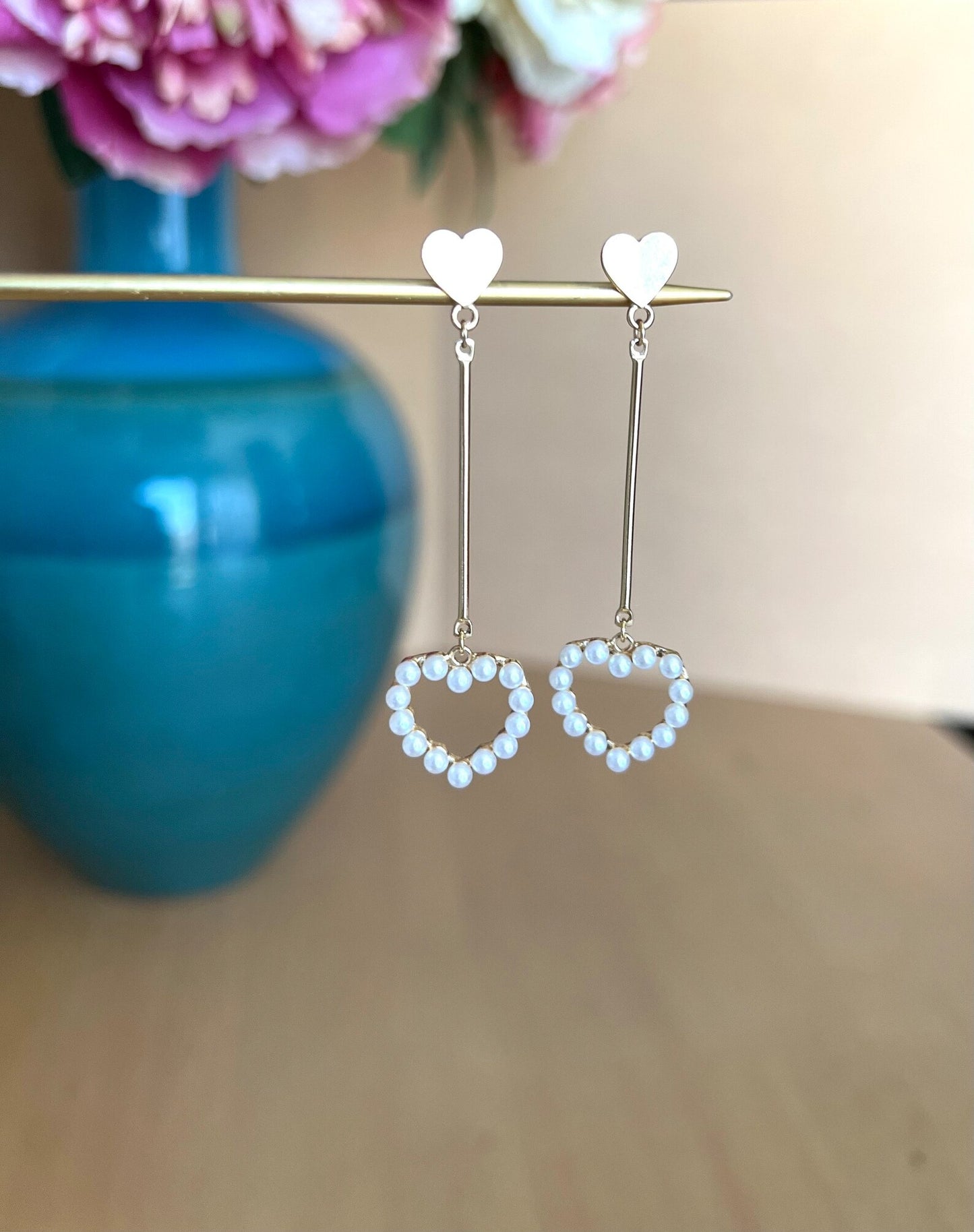 Pearl heart drop earrings