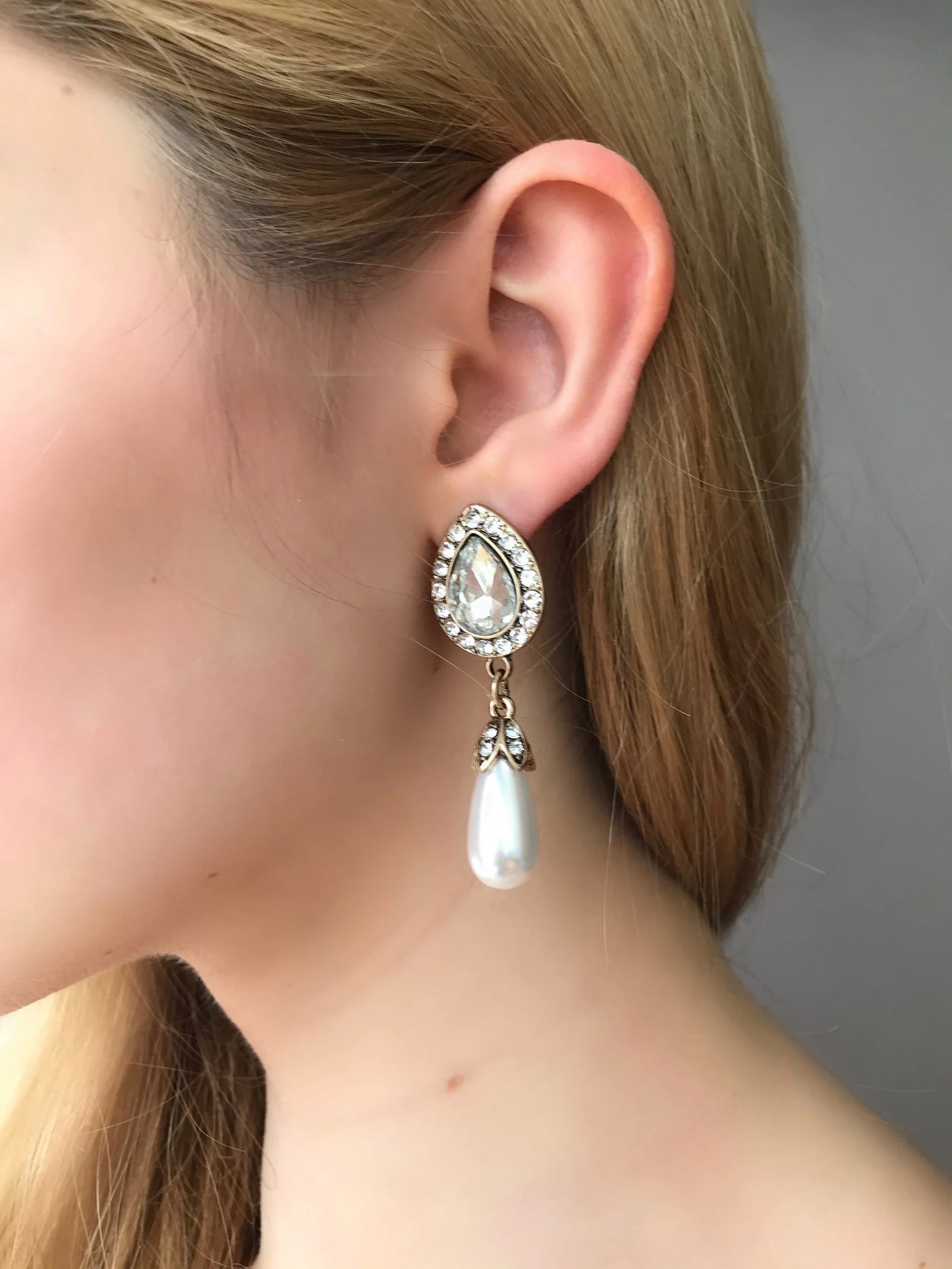 Large pearl teardrop crystal earrings