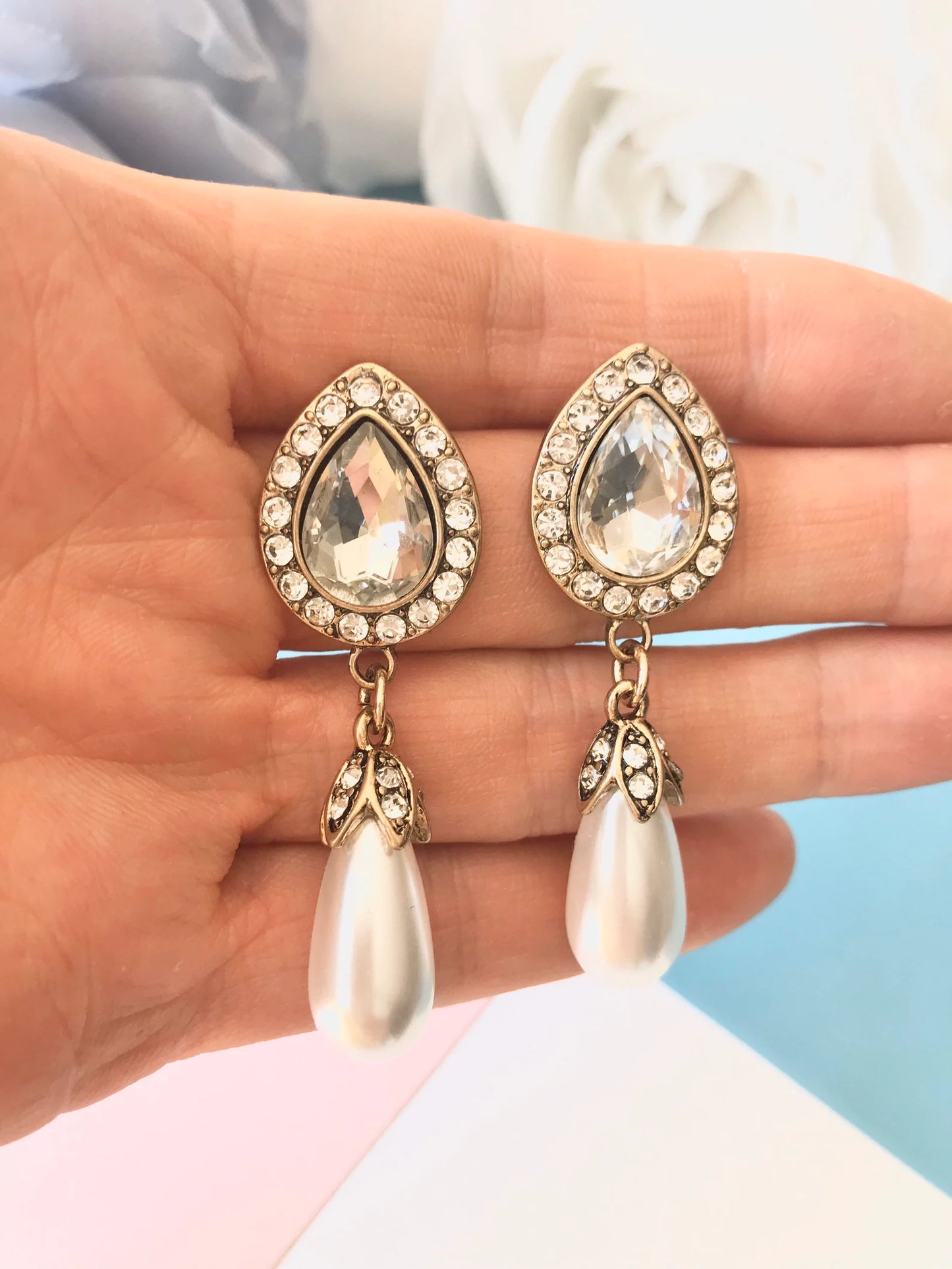 Large pearl teardrop crystal earrings