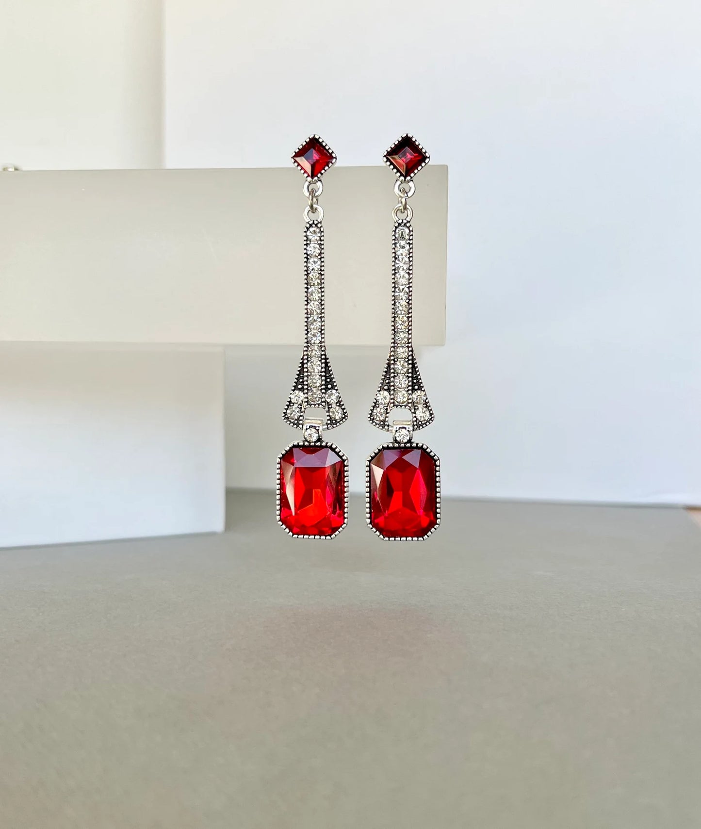 Red art deco crystal earrings