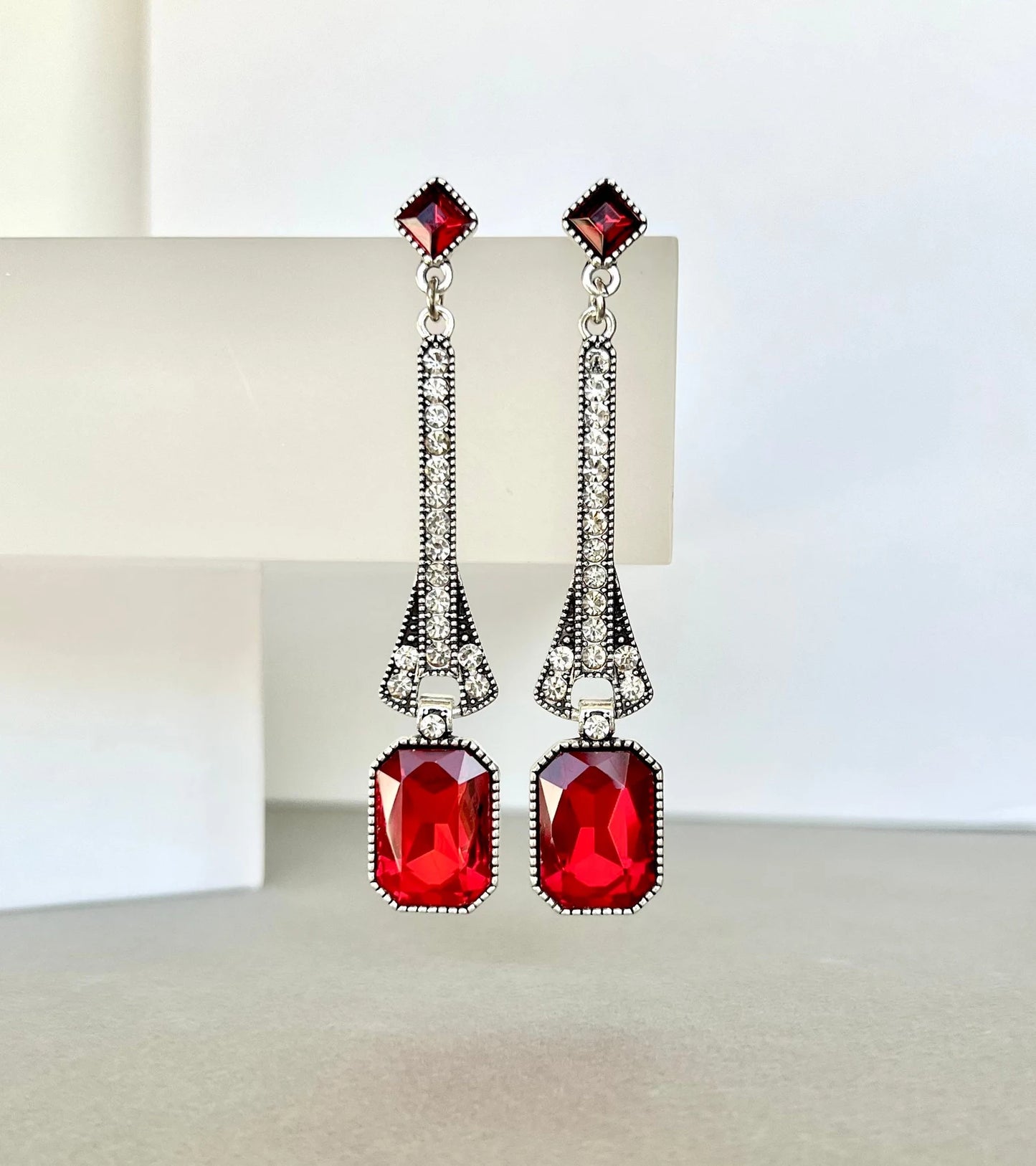 Red art deco crystal earrings