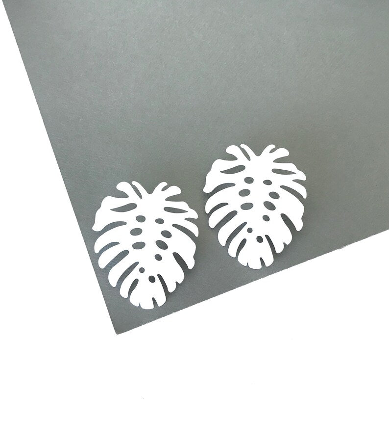 White monstera leaf earrings