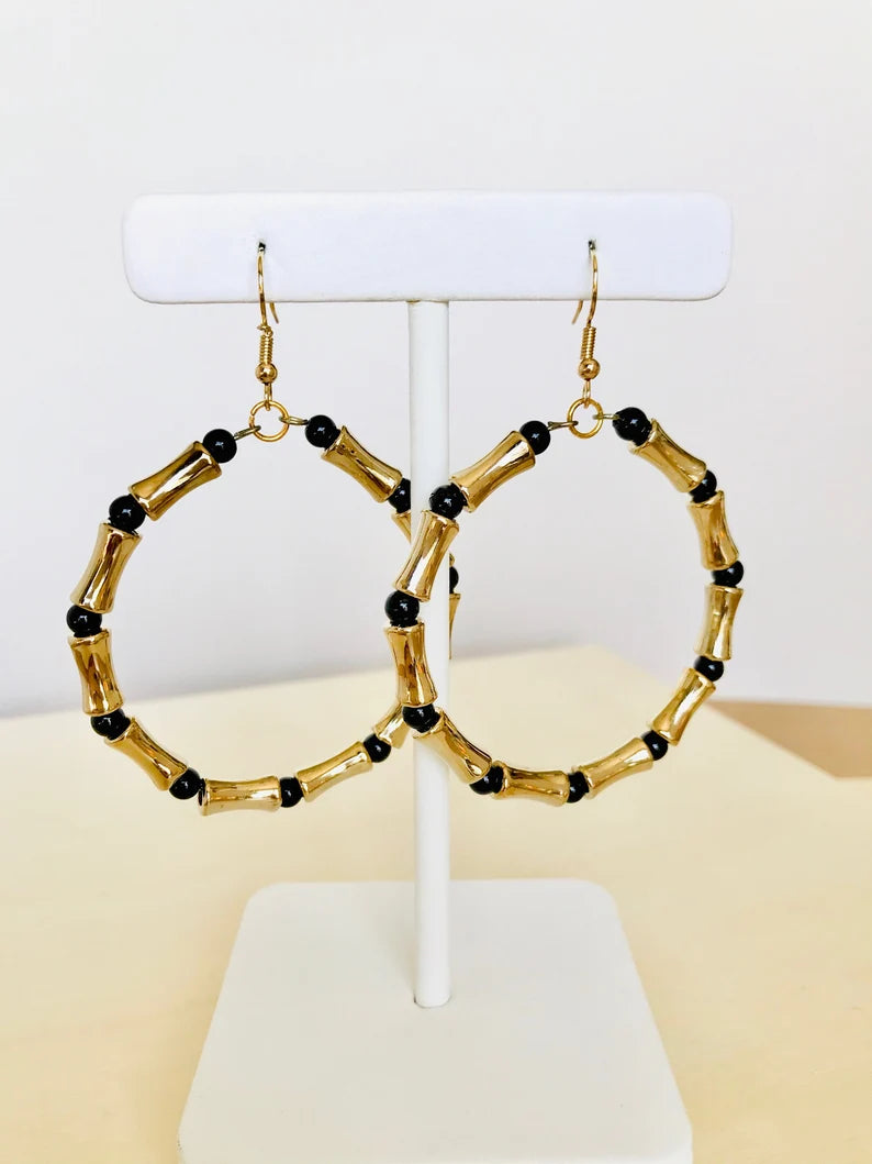 Black and gold statement hoop earrings