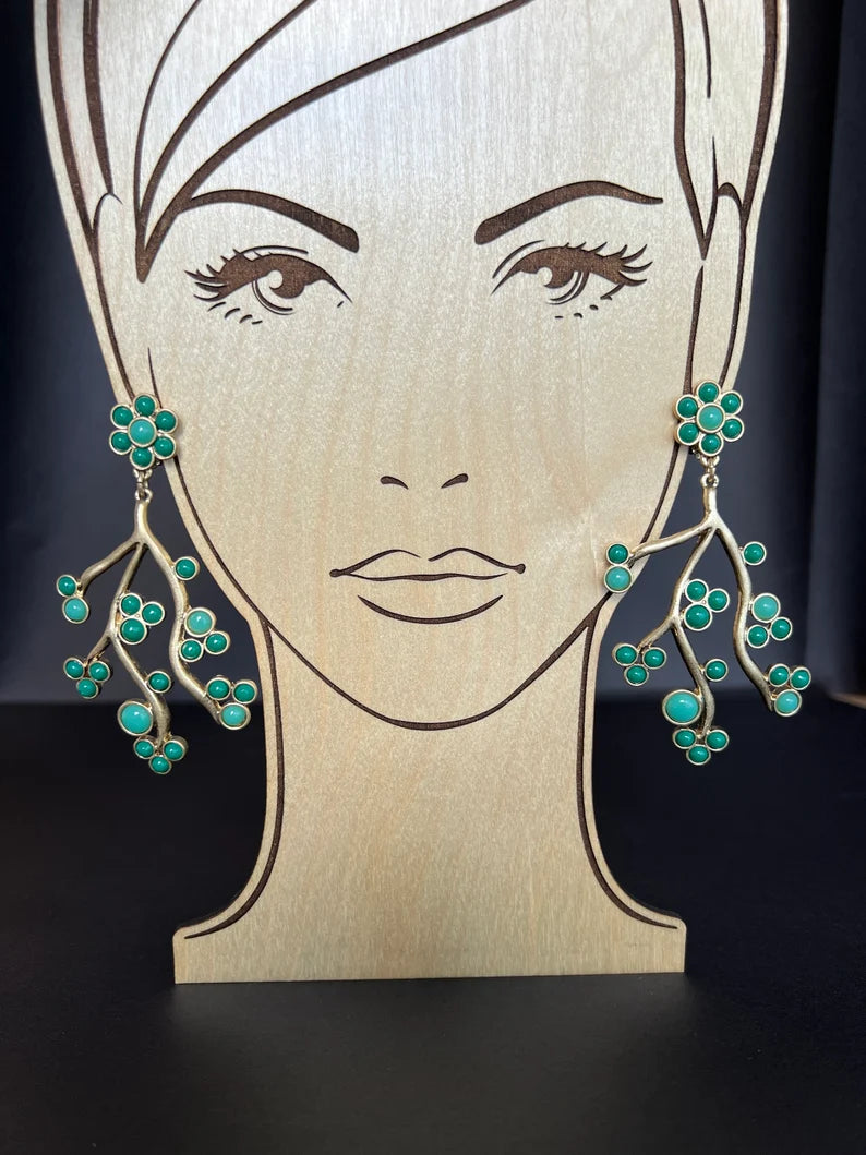 Green flower branch earrings