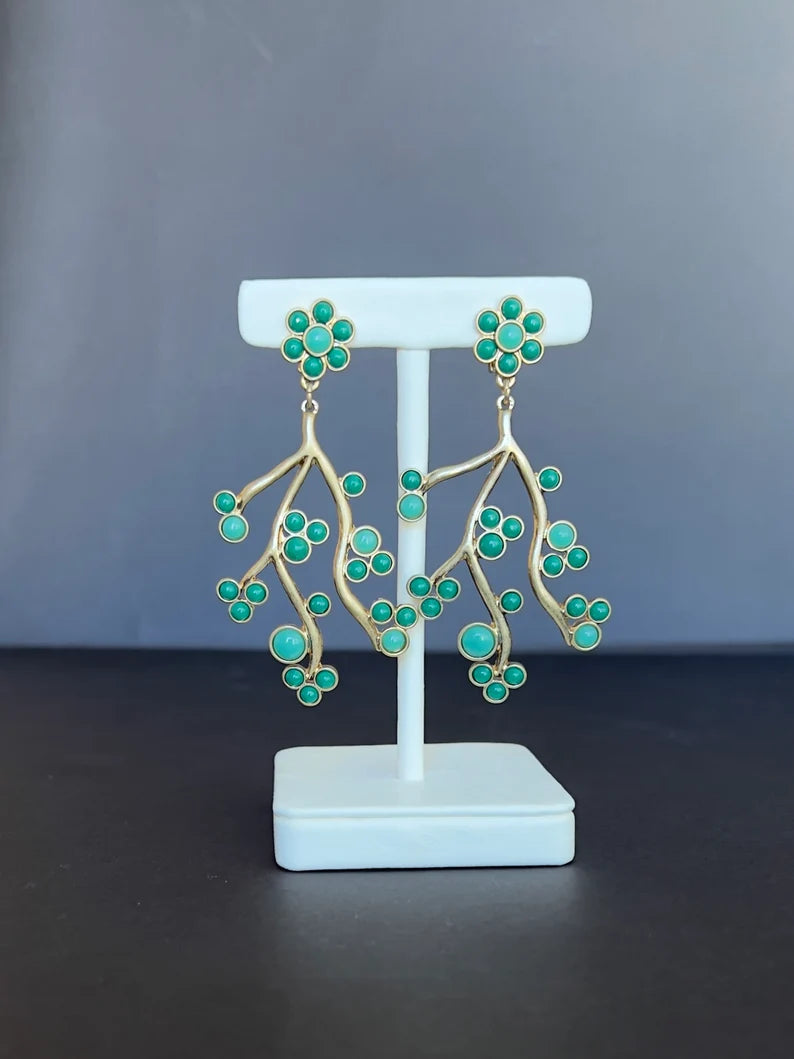 Green flower branch earrings