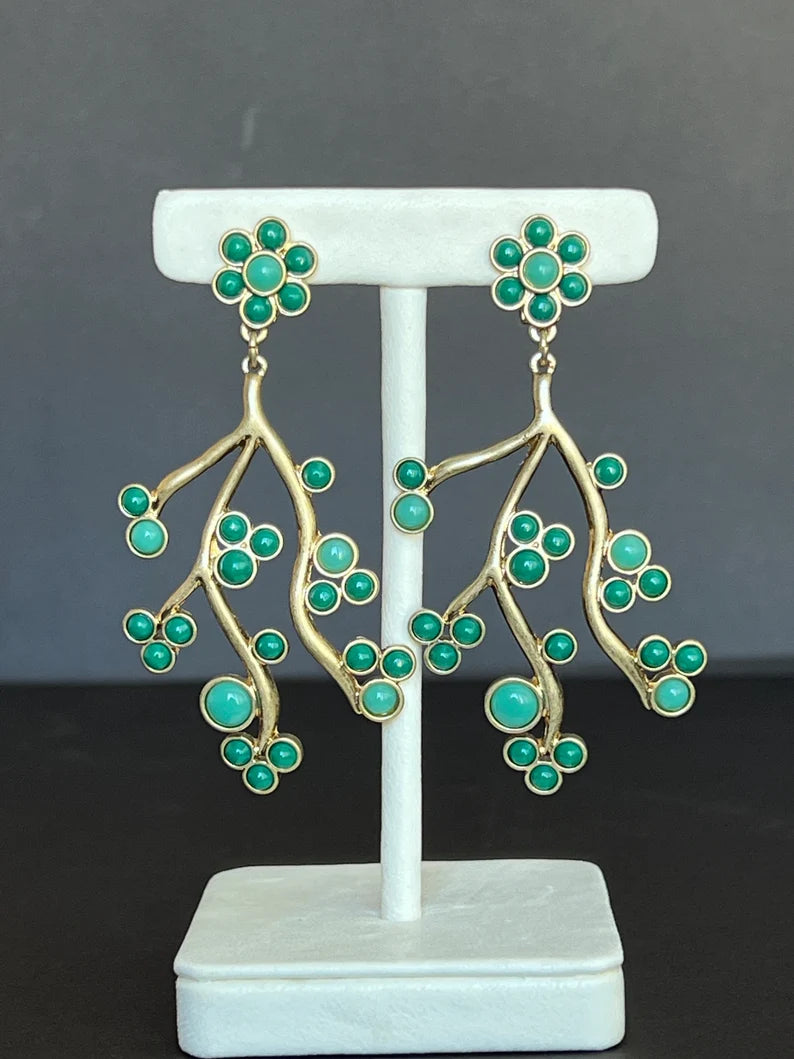 Green flower branch earrings