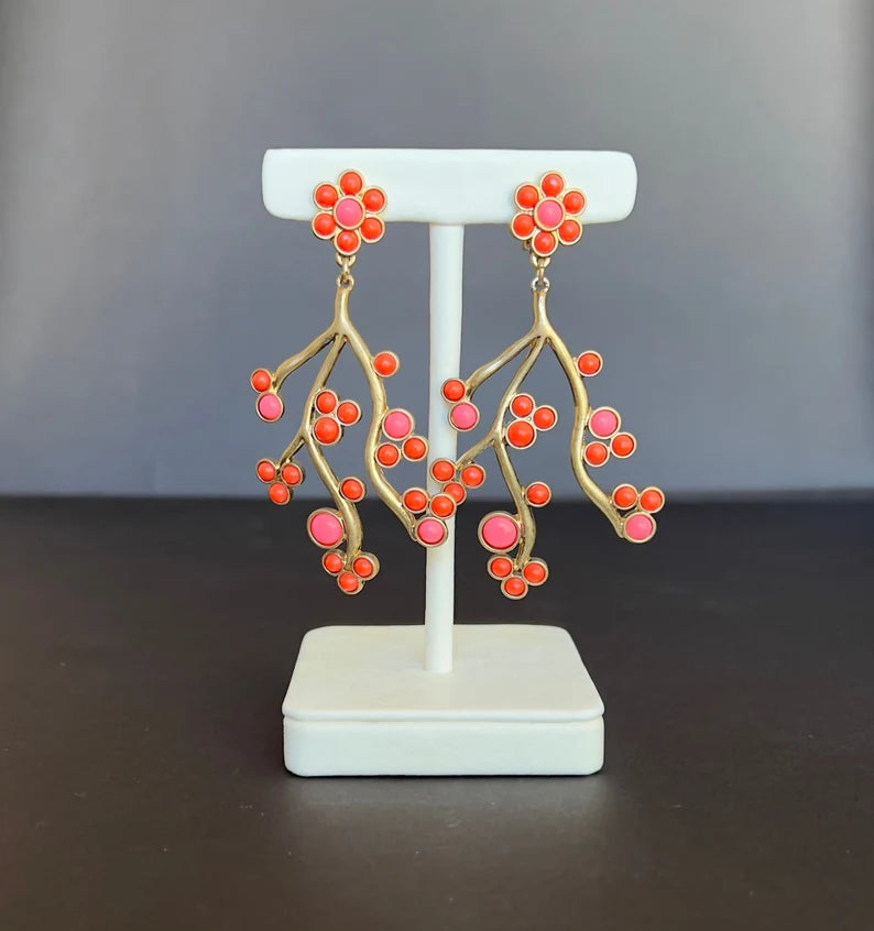 Green flower branch earrings