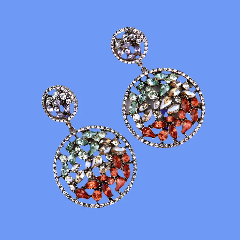 Statement crystal earrings, large crystal disk earrings, multi color earrings,