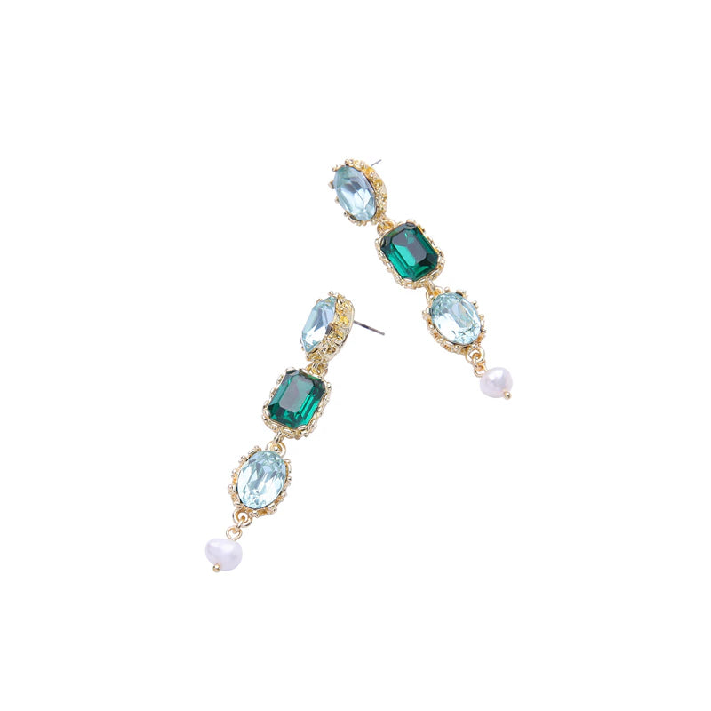 Green crystal long drop earrings