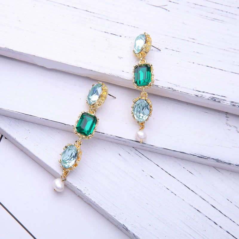 Green crystal long drop earrings