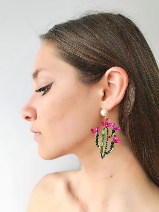 Cactus flower statement rhinestone earrings