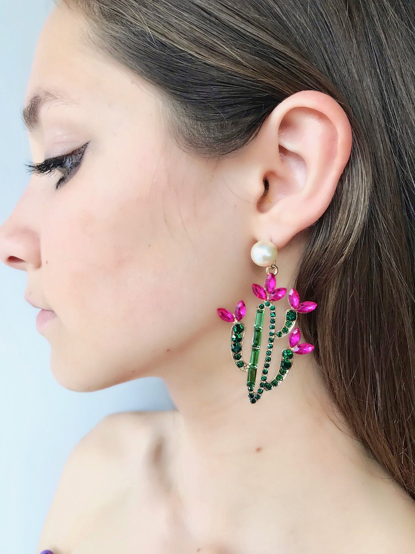 Cactus flower statement rhinestone earrings