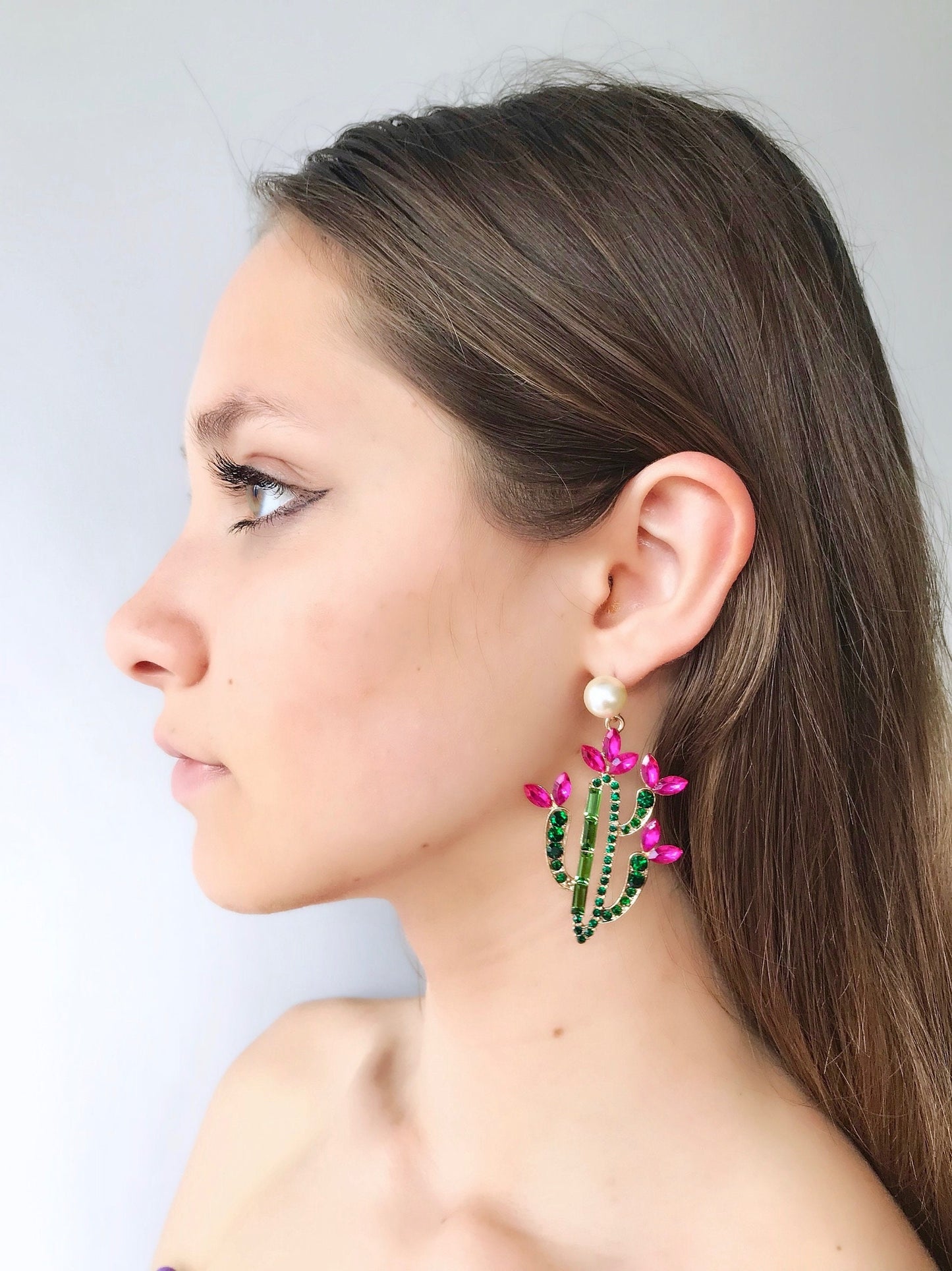 Cactus flower statement rhinestone earrings