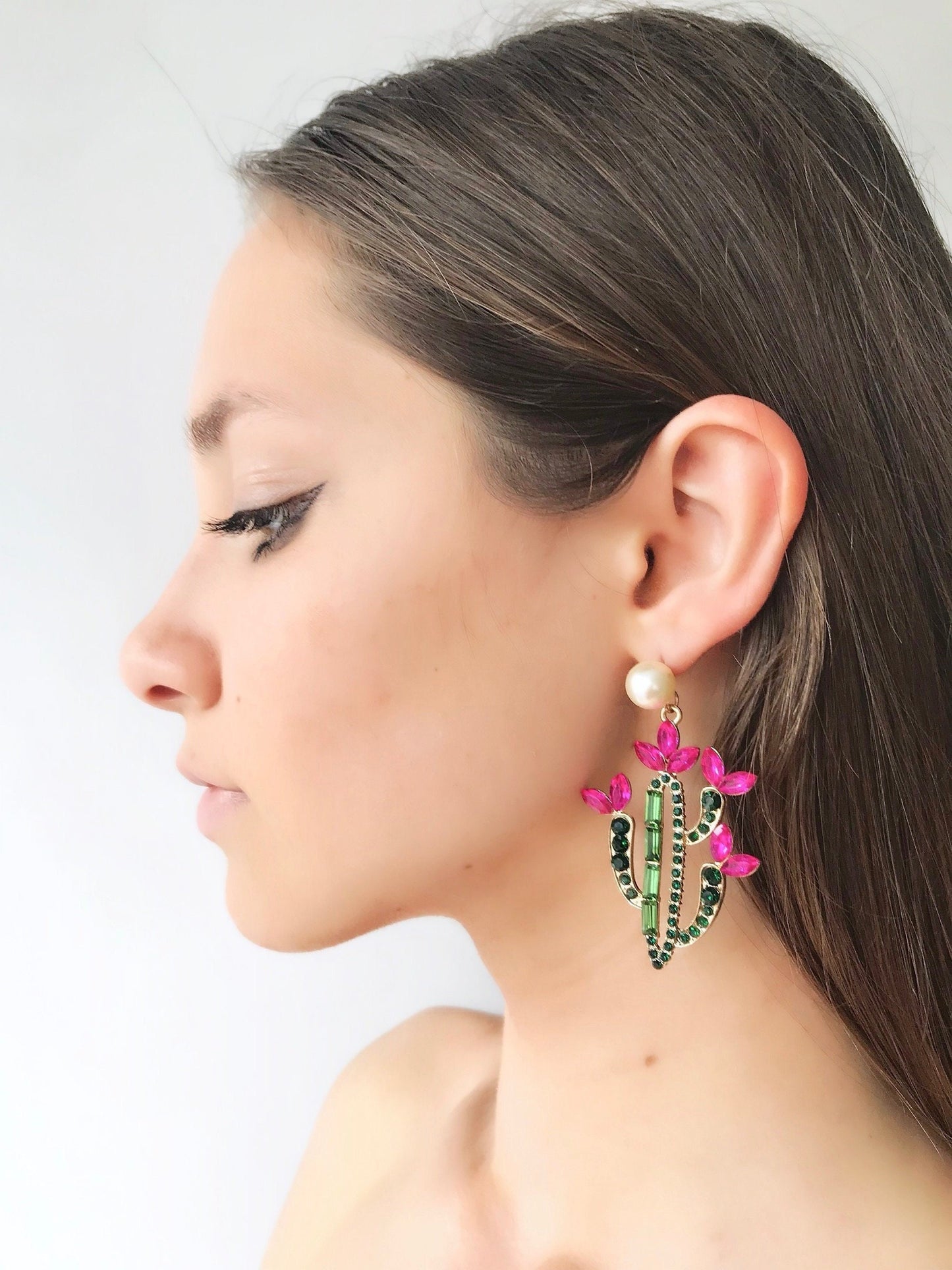 Cactus flower statement rhinestone earrings
