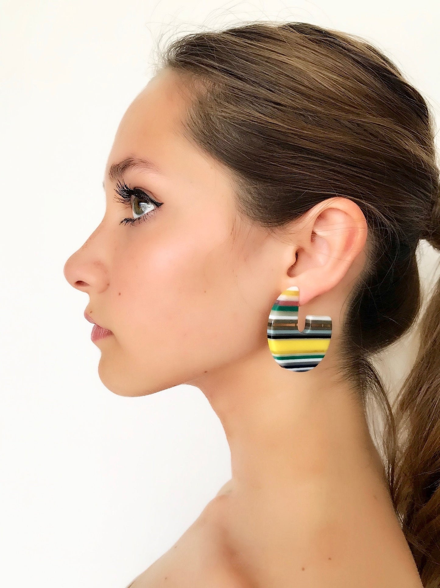 Yellow stripe hoop earrings