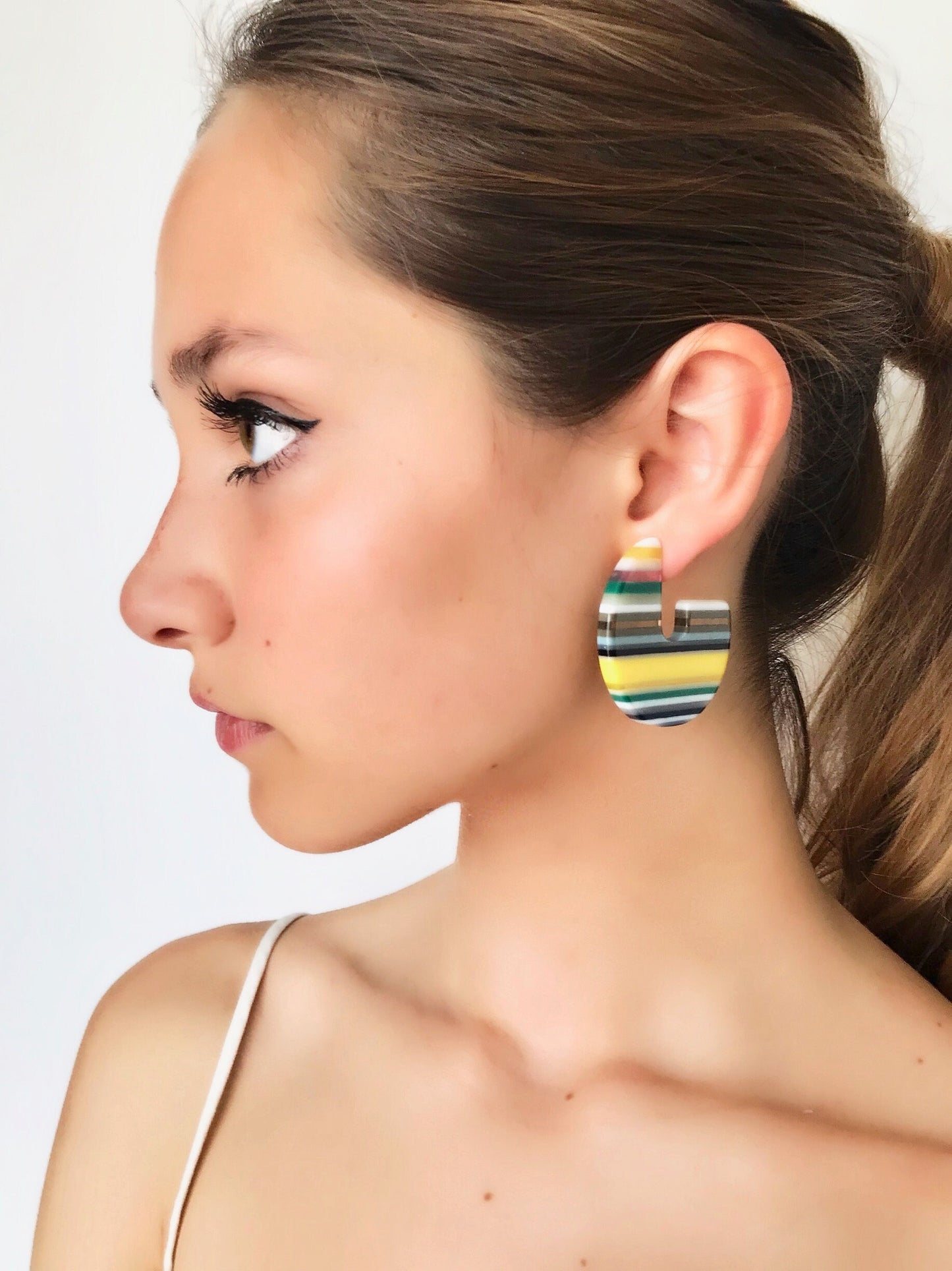 Yellow stripe hoop earrings