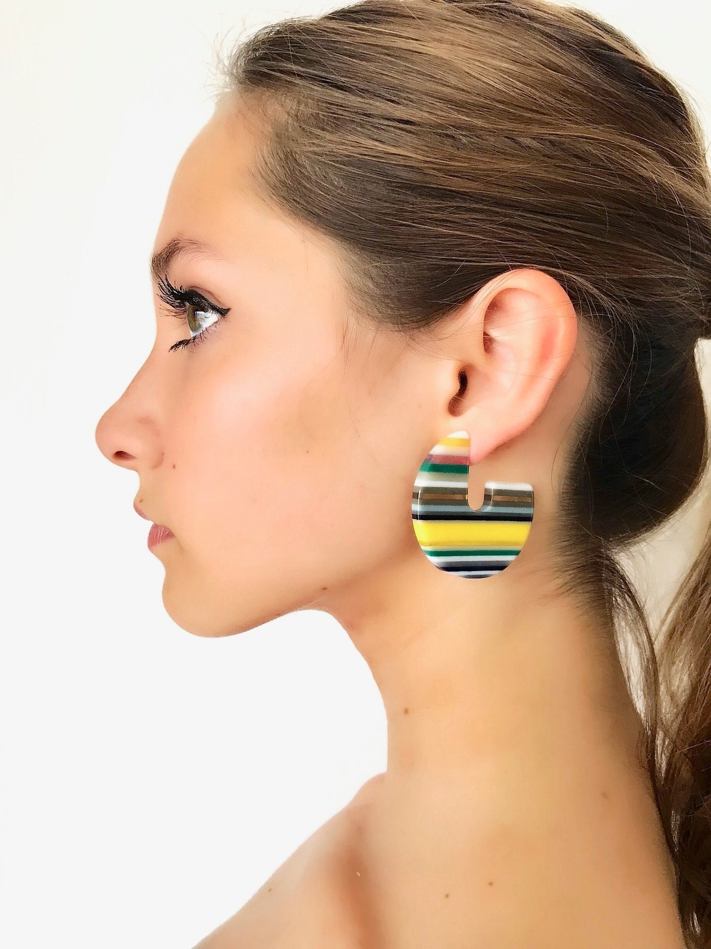 Yellow stripe hoop earrings