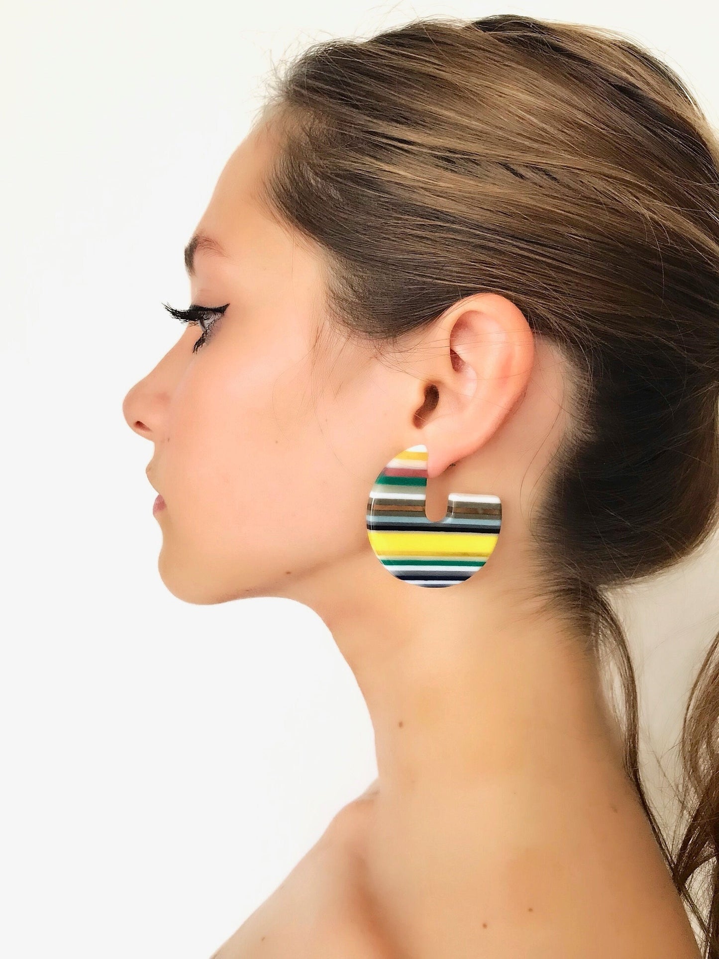 Yellow stripe hoop earrings