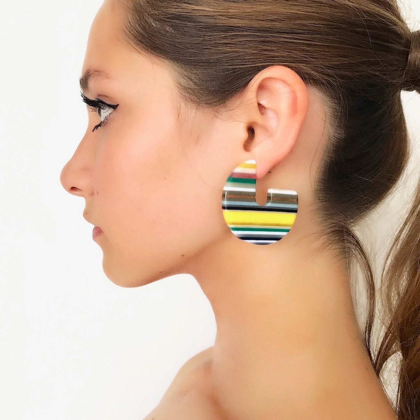 Yellow stripe hoop earrings