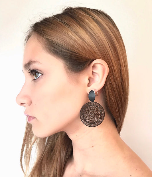 Black filigree disk earrings