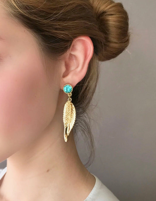 Gold leaf blue crystal earrings