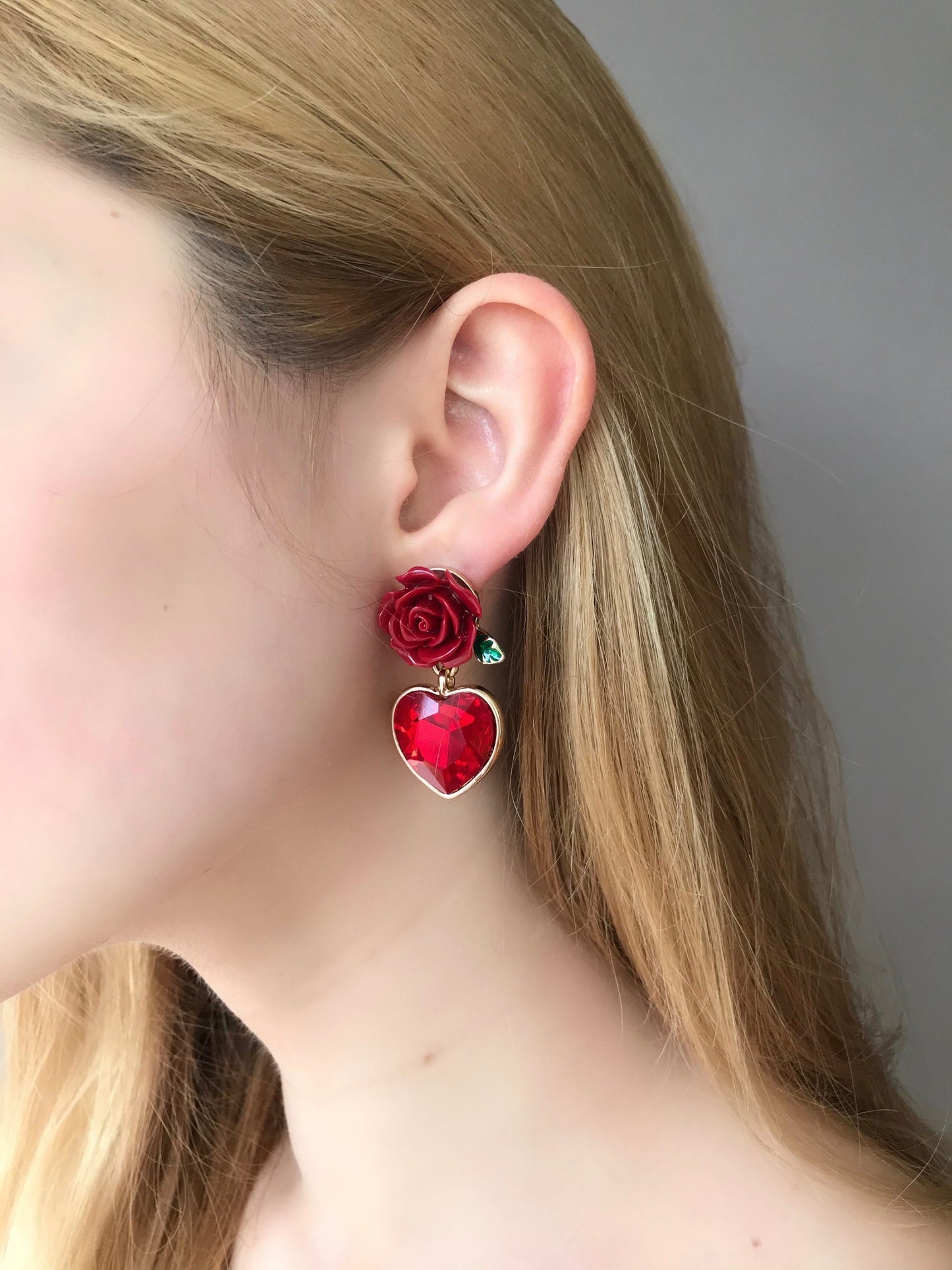 Red rose and heart earrings