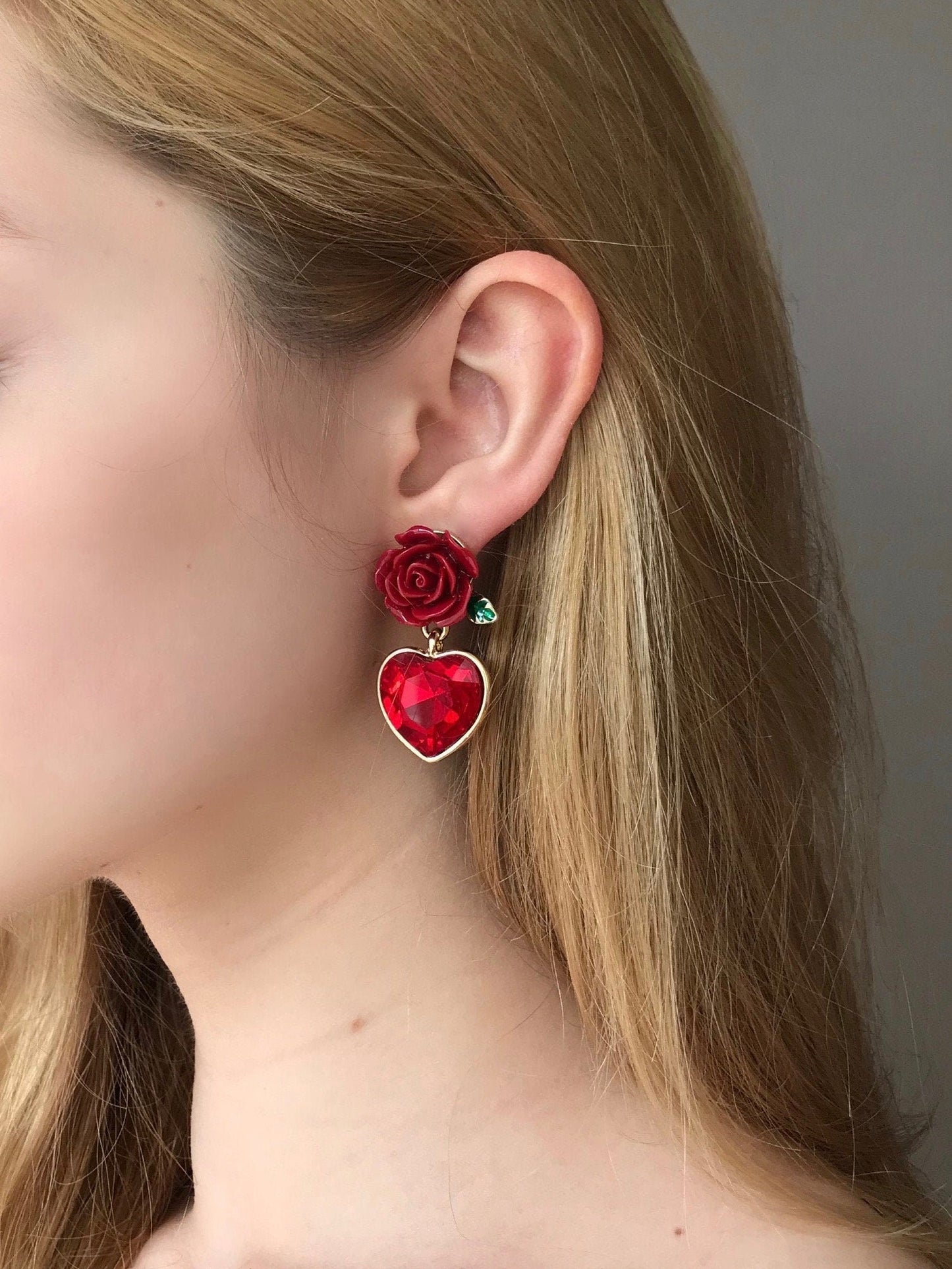 Red rose and heart earrings