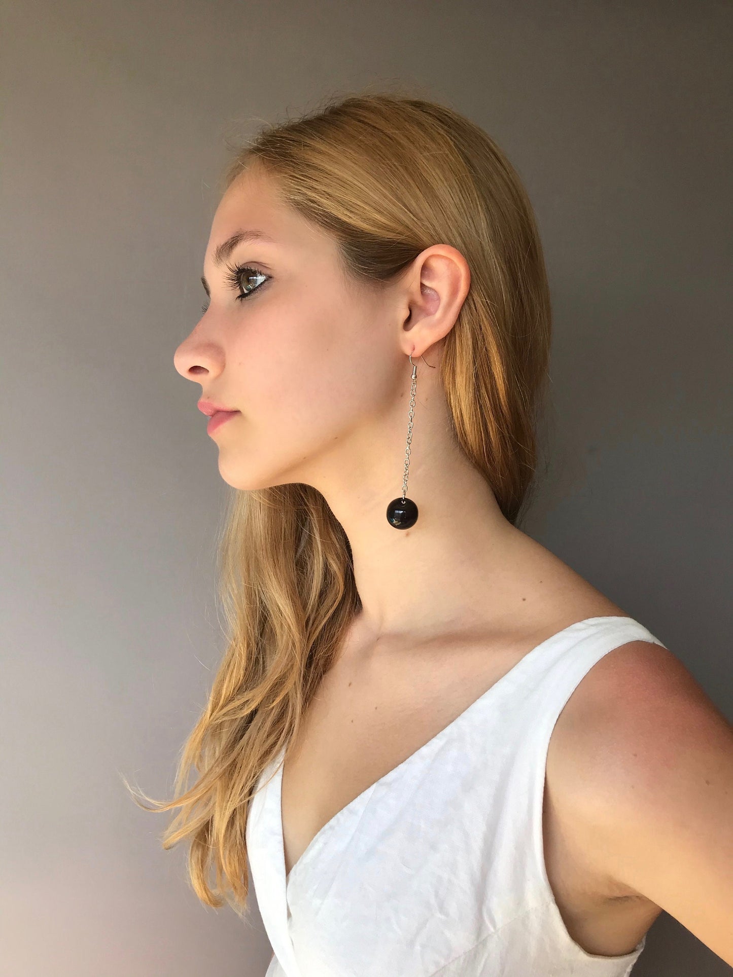 Black ball drop geometric earrings