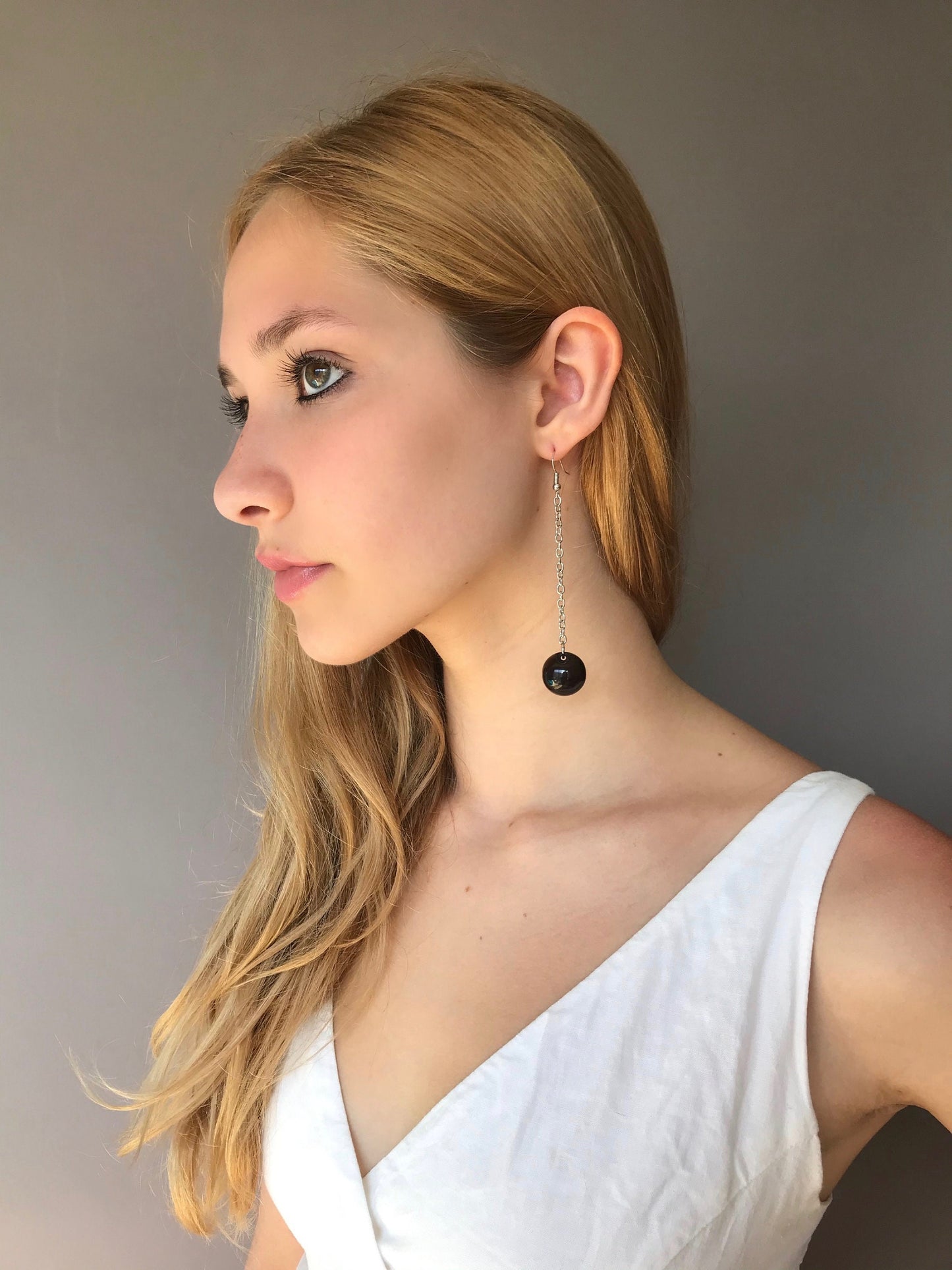 Black ball drop geometric earrings