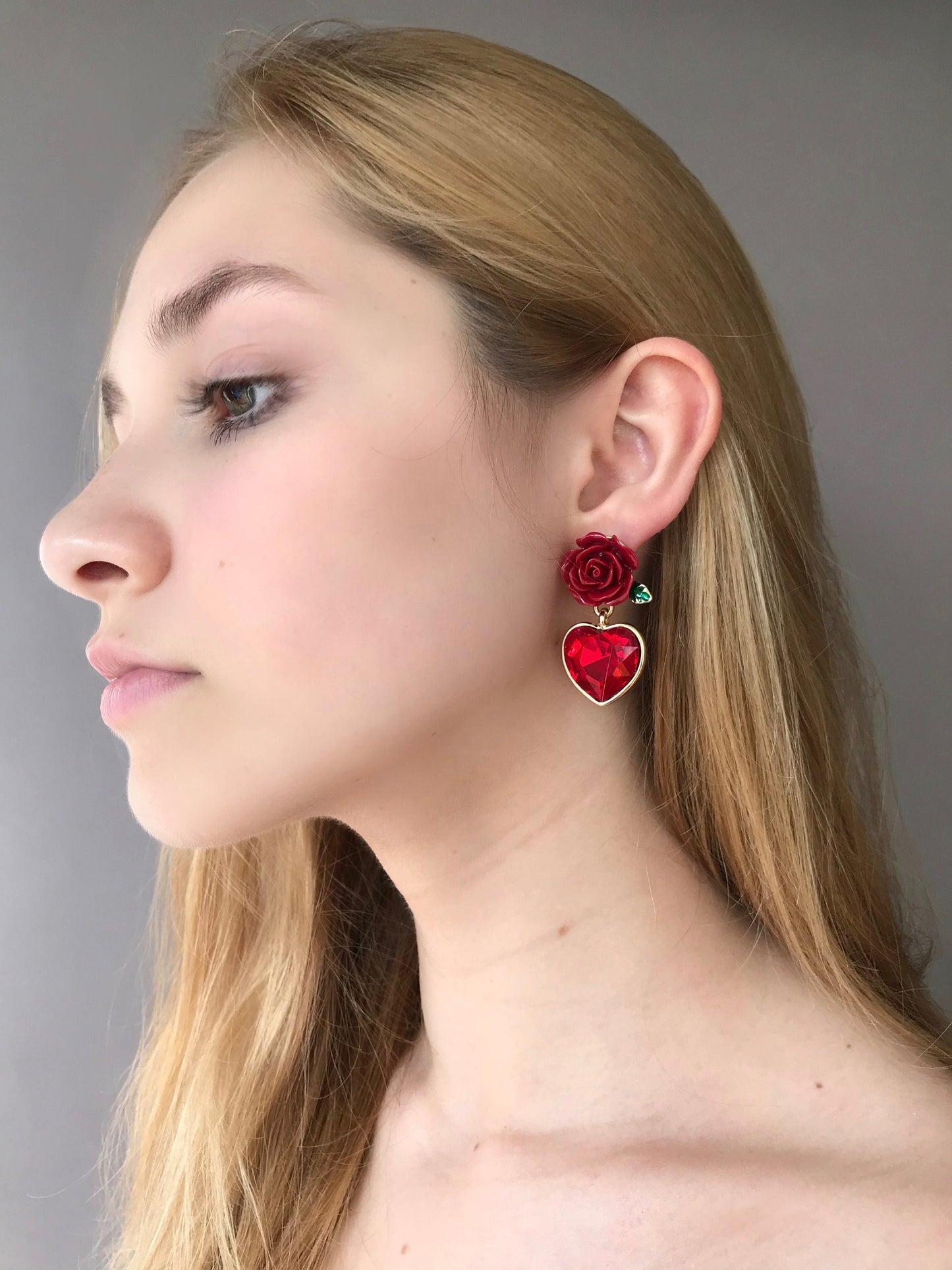 Red rose and heart earrings