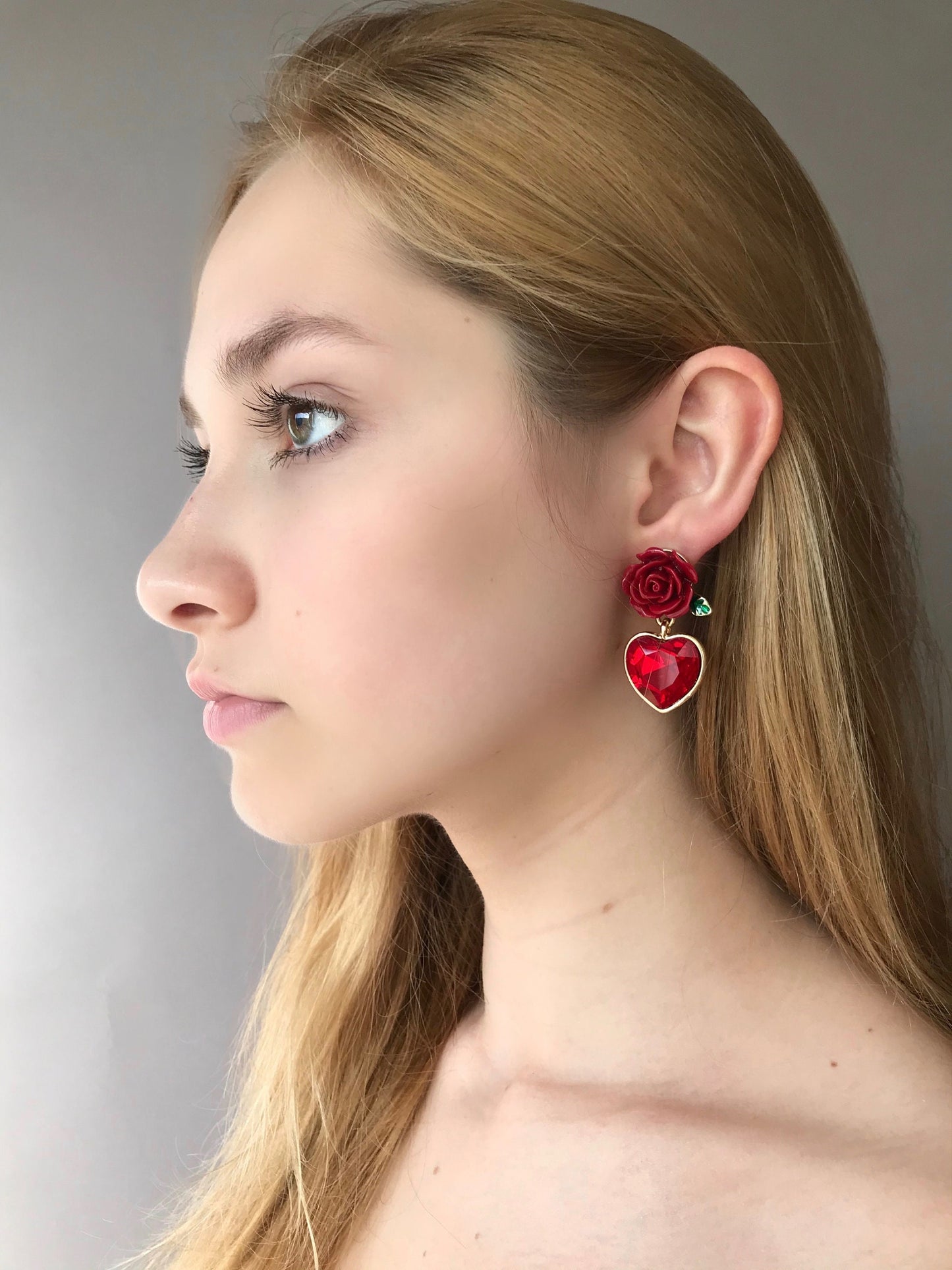 Red rose and heart earrings