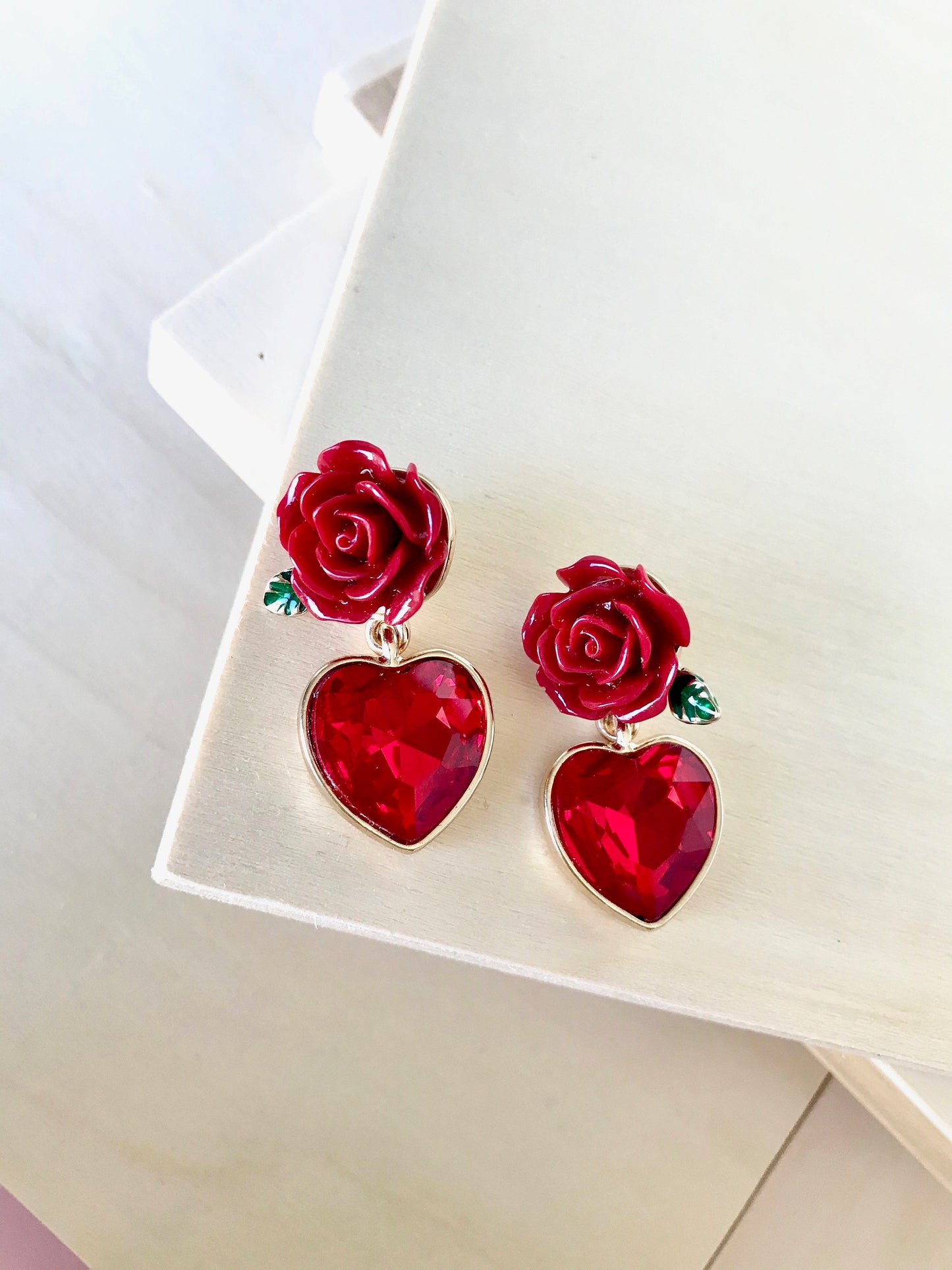 Red rose and heart earrings