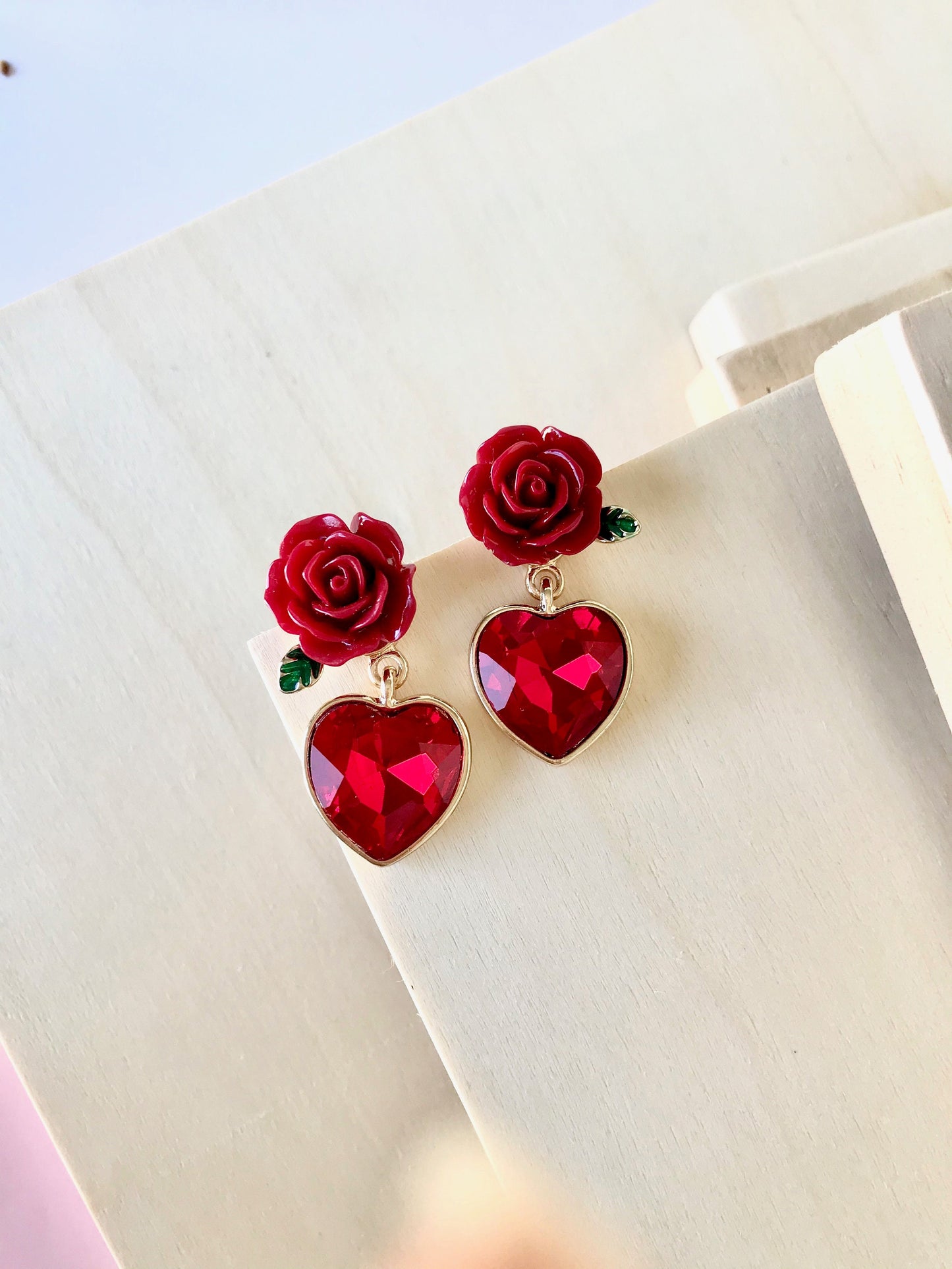 Red rose and heart earrings