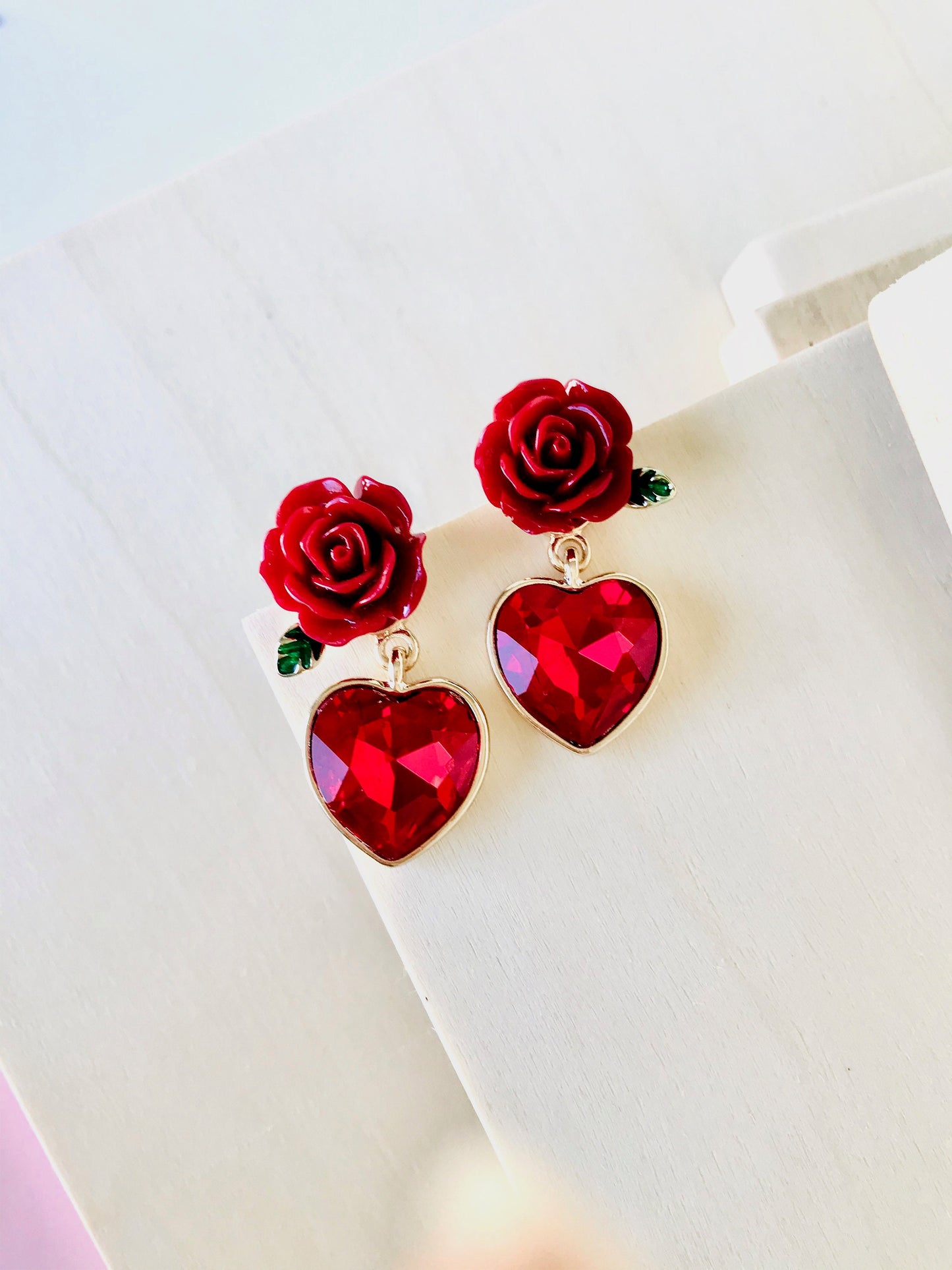 Red rose and heart earrings