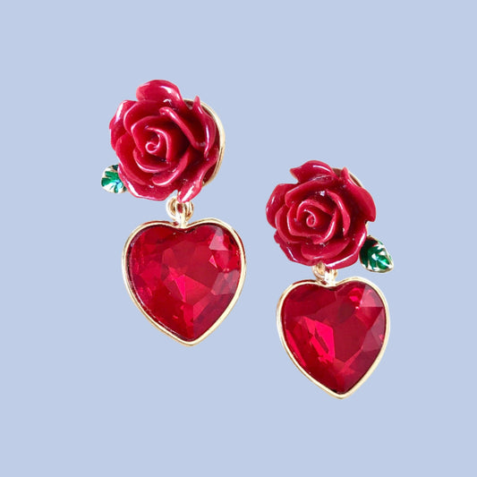 Red rose and heart earrings