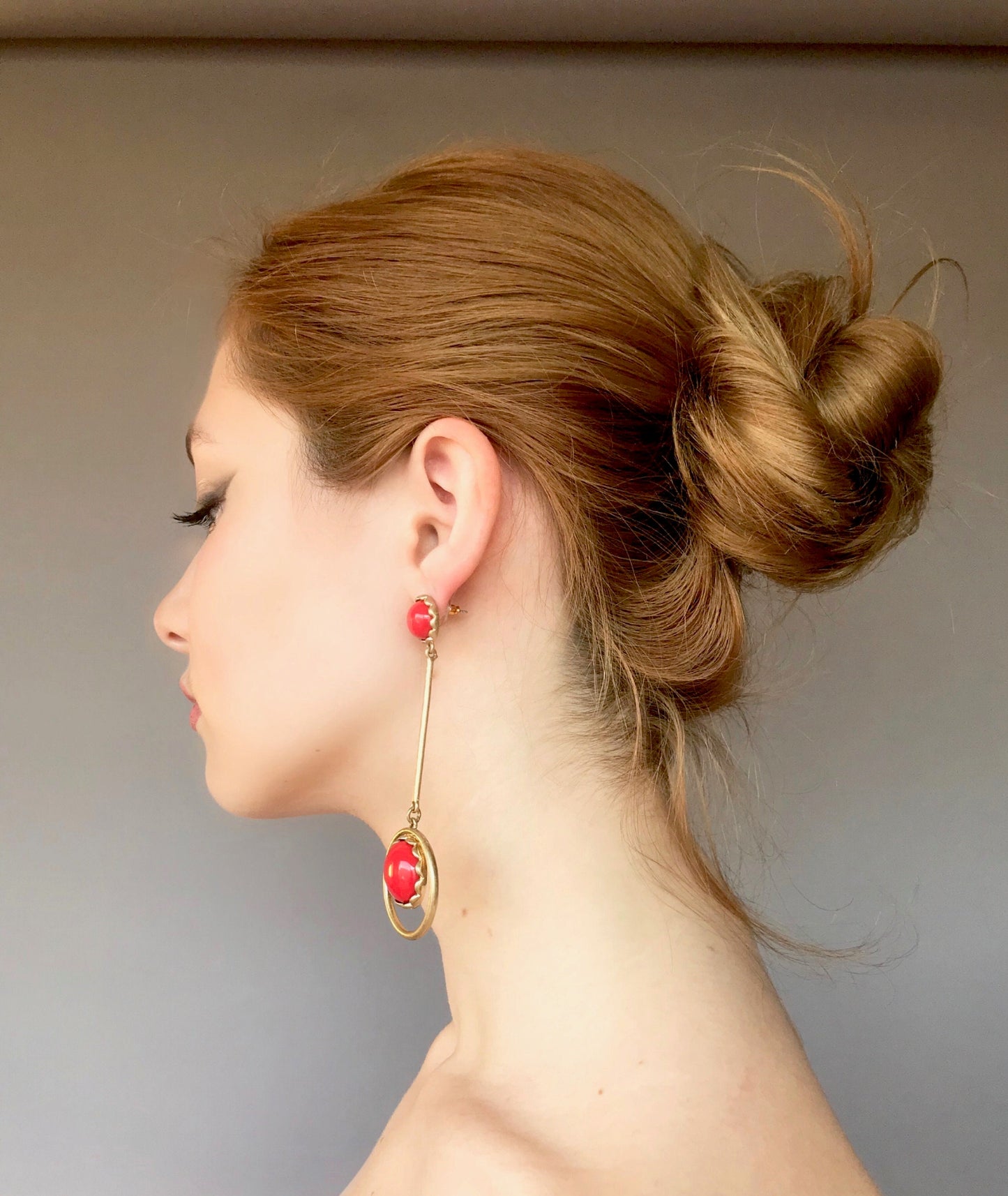 Large coral disk drop earrings