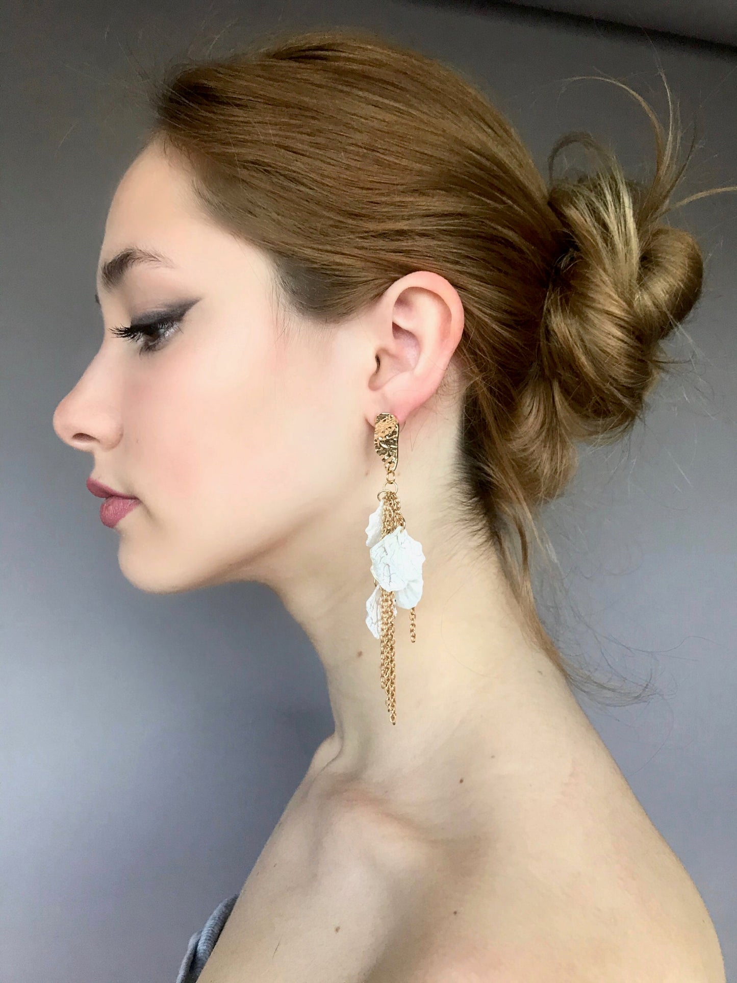 Gold chain white petal earrings