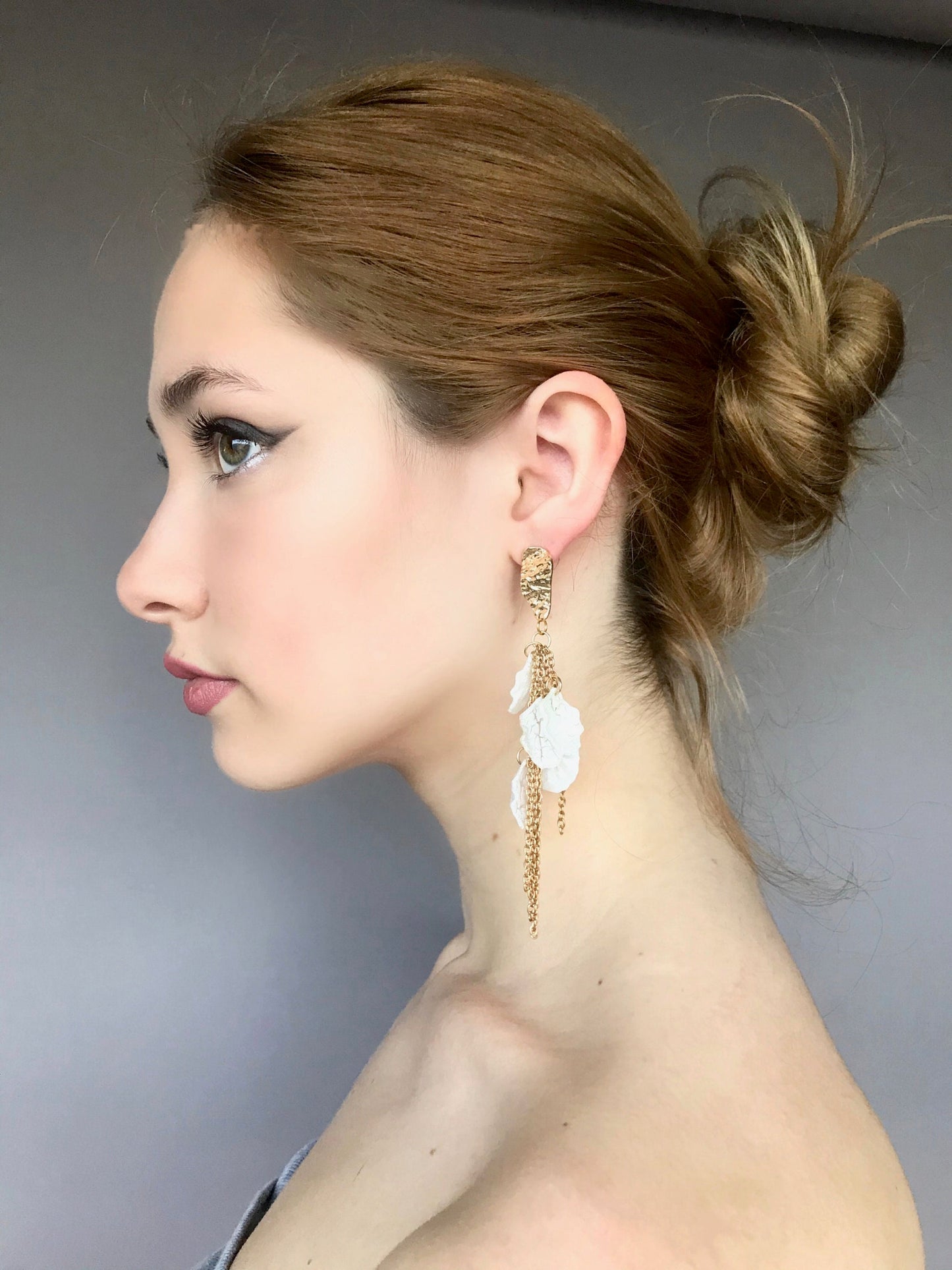 Gold chain white petal earrings