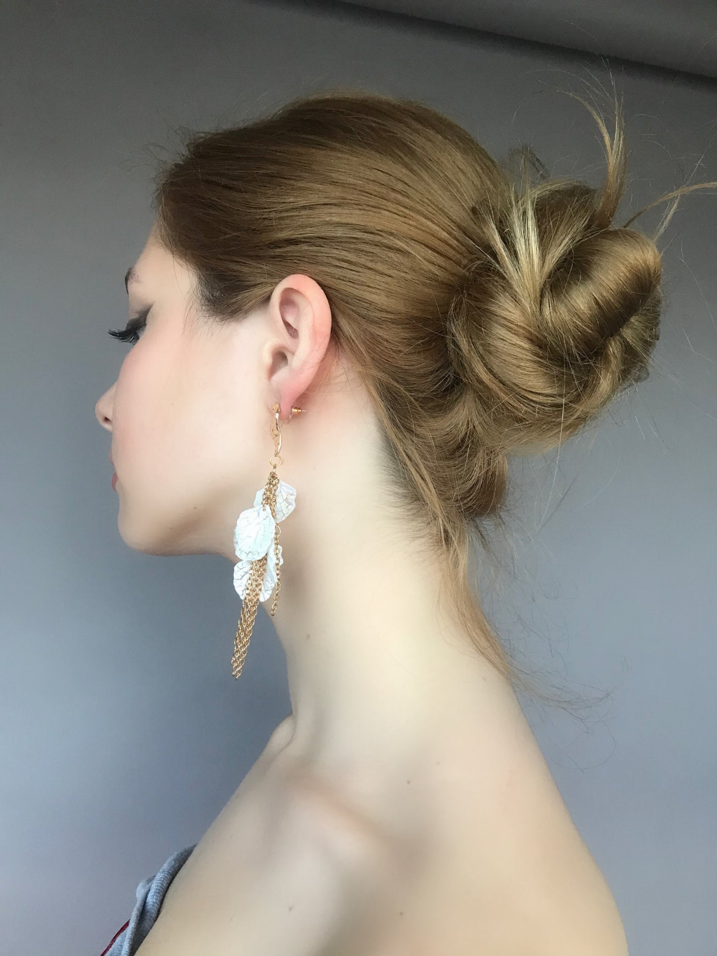 Gold chain white petal earrings